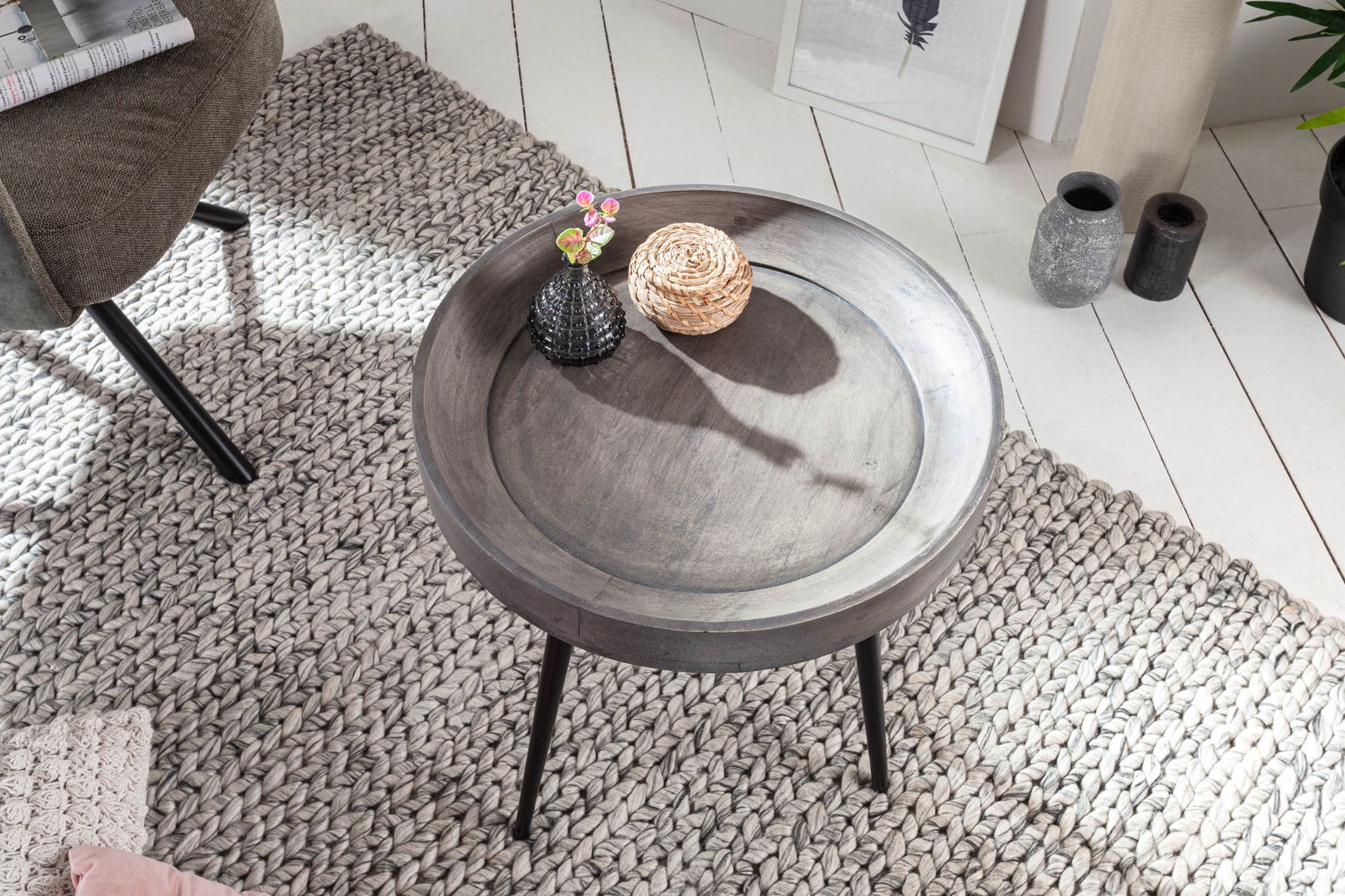 Beistelltisch Akazienholz Metall in Grau Schwarz 45x45 cm Tabelle, Kaffeetisch, Tischplatte, Dekoration für Zuhause, Teppich