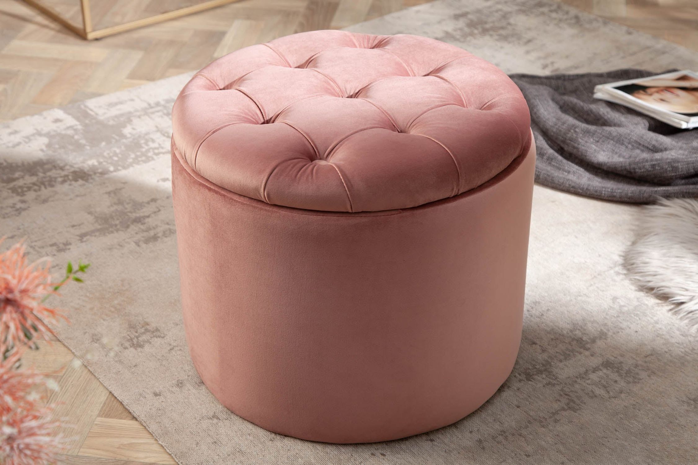 Samthocker mit Stauraum Rosa Ø 50 cm H: 43 cm Chesterfield Moebel, Osmanisch