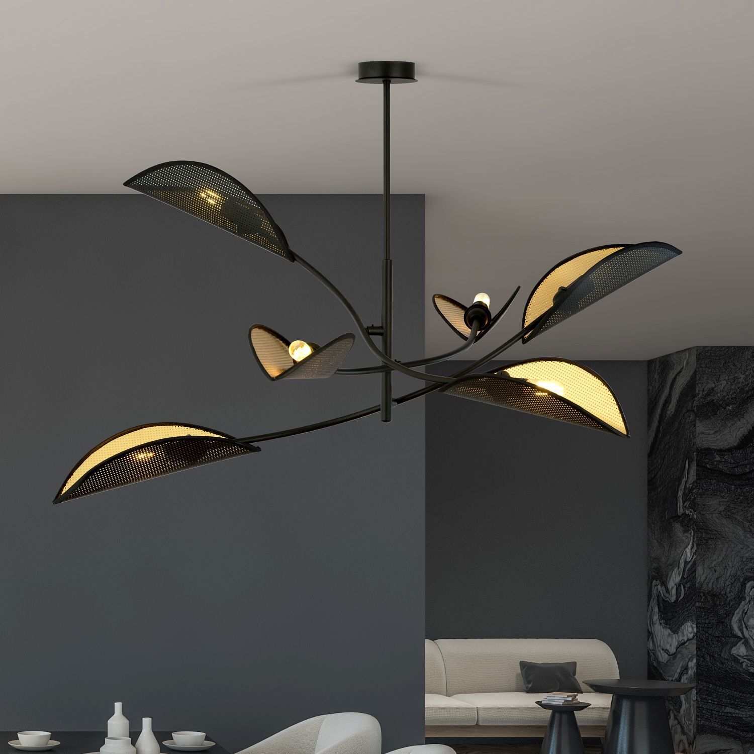 Deckenleuchte Schwarz Gold L: 102cm drehbar Stoff Metall 6xE14