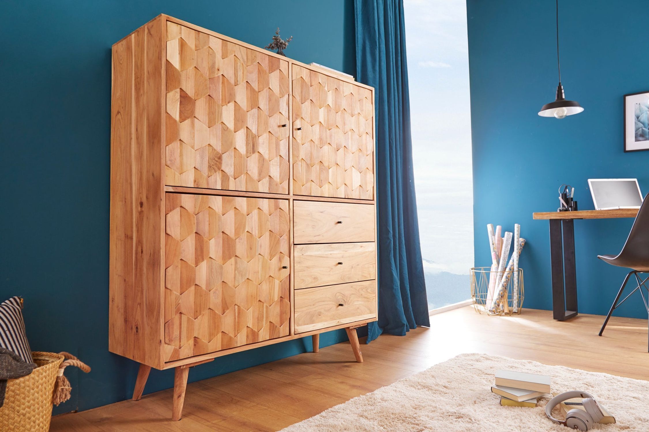 Highboard Holz Akazie 118 x 140 cm 3D-Front Schubladen Türen Moebel, Drinnen, Innenarchitektur, Holz, Kommode