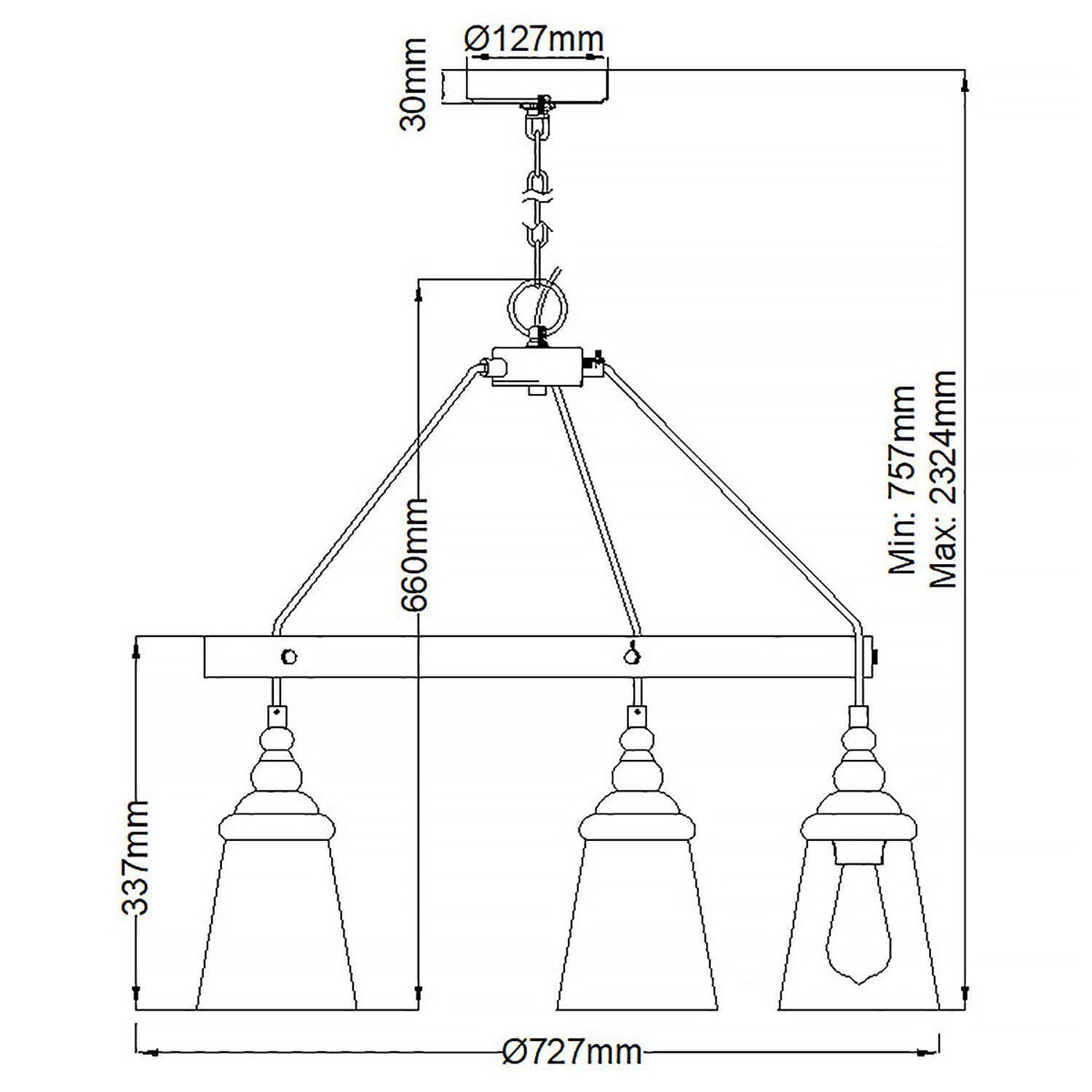 Hängelampe Metall Glas rund Ø 72,7 cm H: max. 232,4 cm Diagramm, Handlung