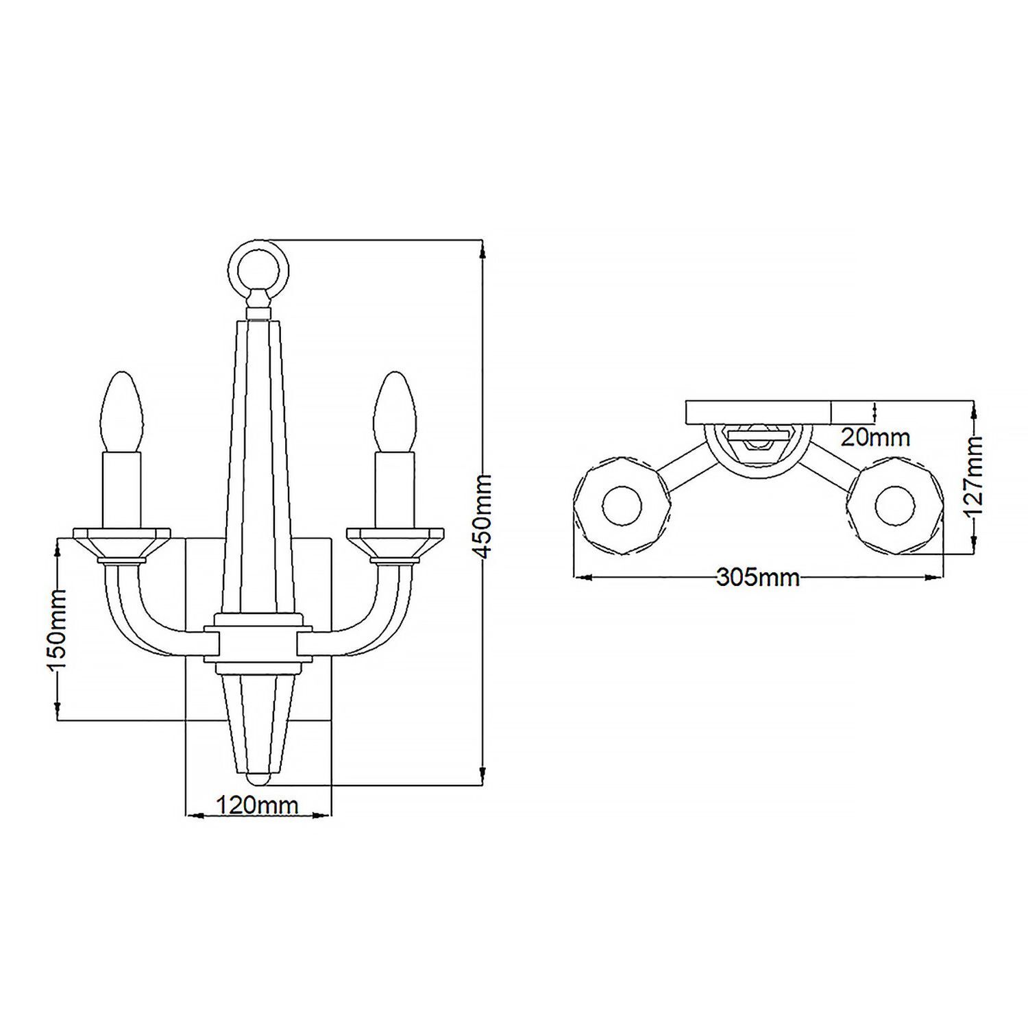 Wandleuchte innen 45 cm hoch Metall Kristall 2x E14