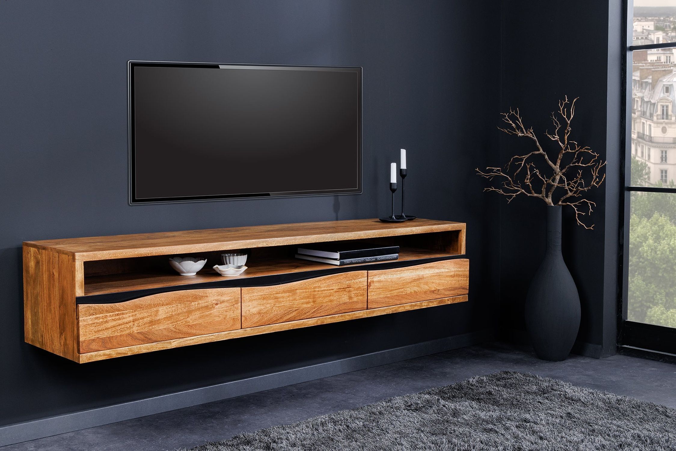 TV Hängeboard 160 cm Schubladen Baumkante Akazienholz
