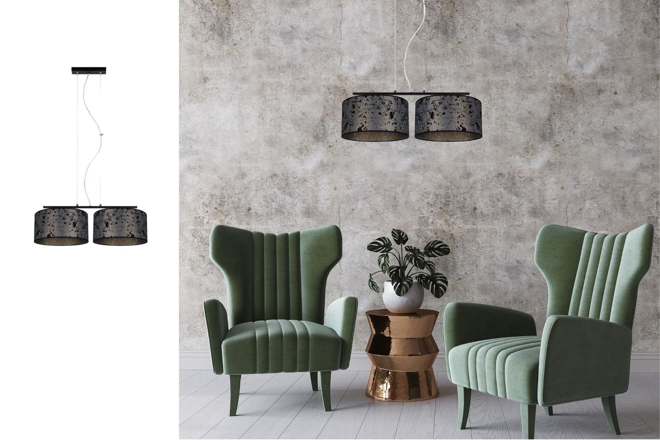 Hängeleuchte, schwarze Lampenschirme, doppelte Trommel, metallischer Rahmen, grüne Sessel