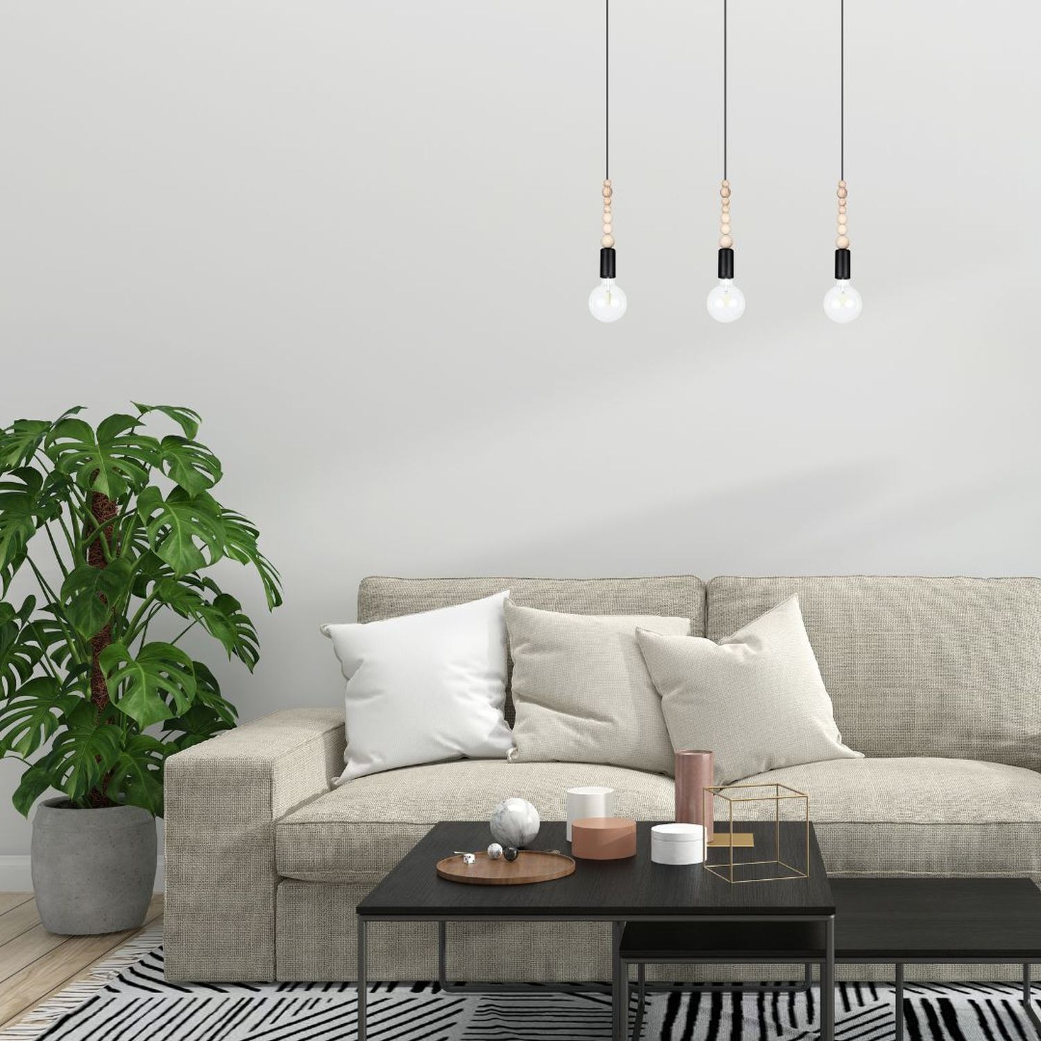 Lange Hängelampe Schwarz Holz Metall L:60 cm E27 3-flmg Wohnzimmer, Sofa, Beistelltisch, Pflanze, Hängelampen