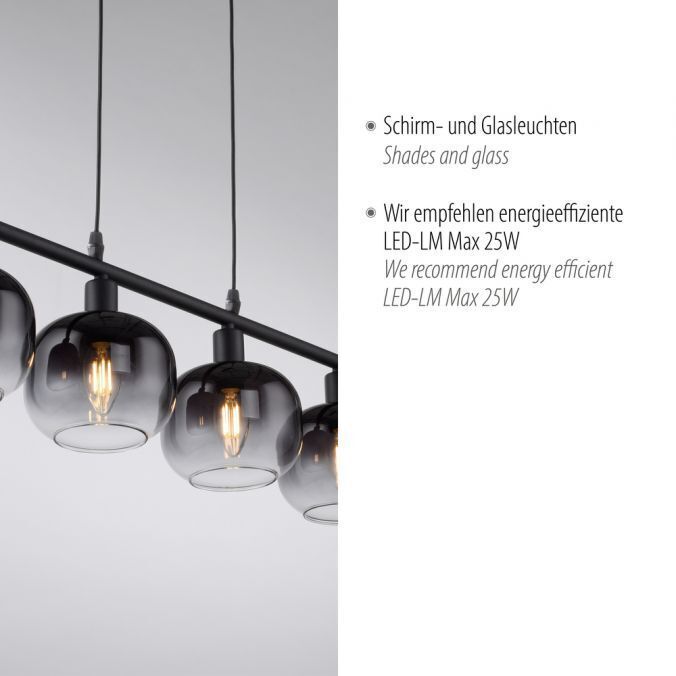 Pendelleuchte Glas Metall Rauchgrau Schwarz E14 L:68 cm