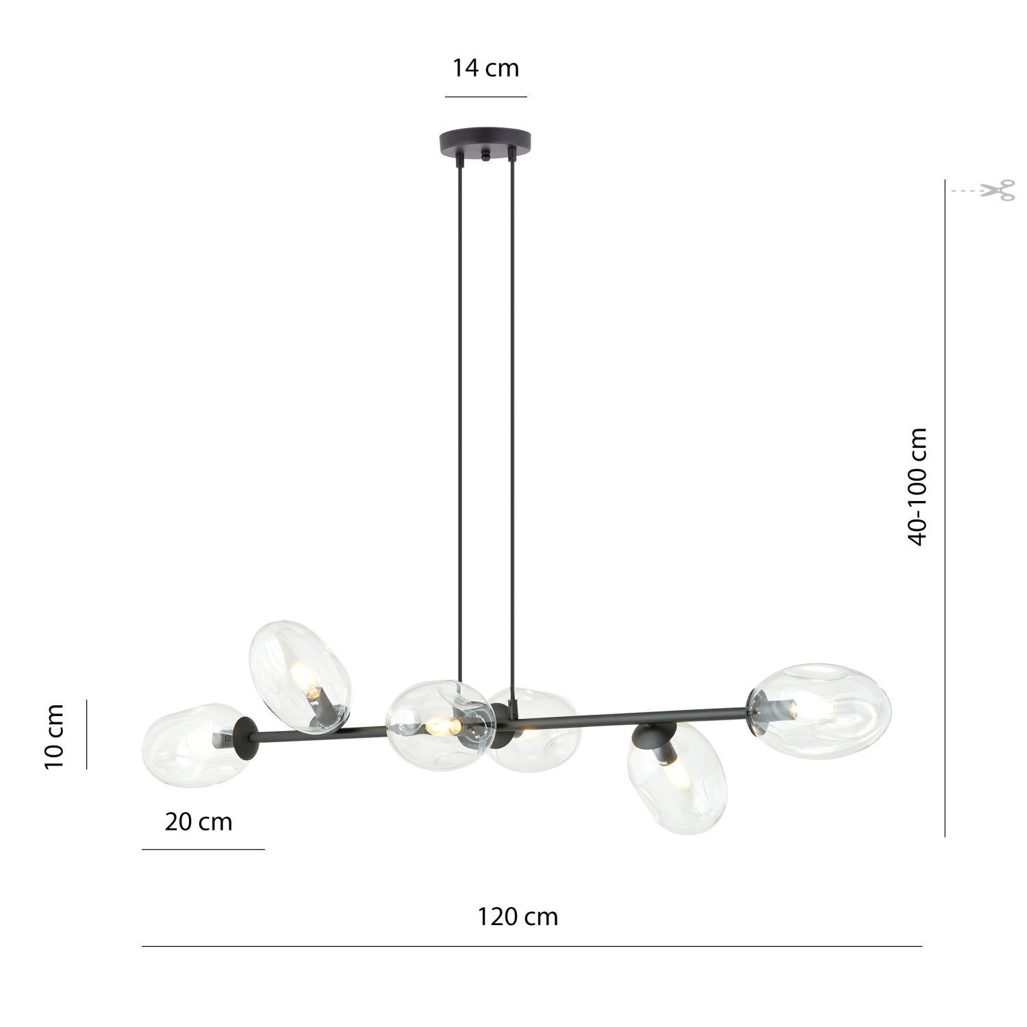 Pendelleuchte Schwarz Klar 6-flammig 120 cm lang