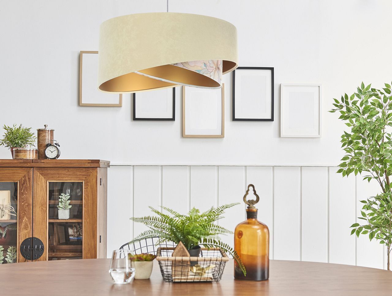 Pendelleuchte rund D: 50 cm E27 Stoff in Beige Creme Gold