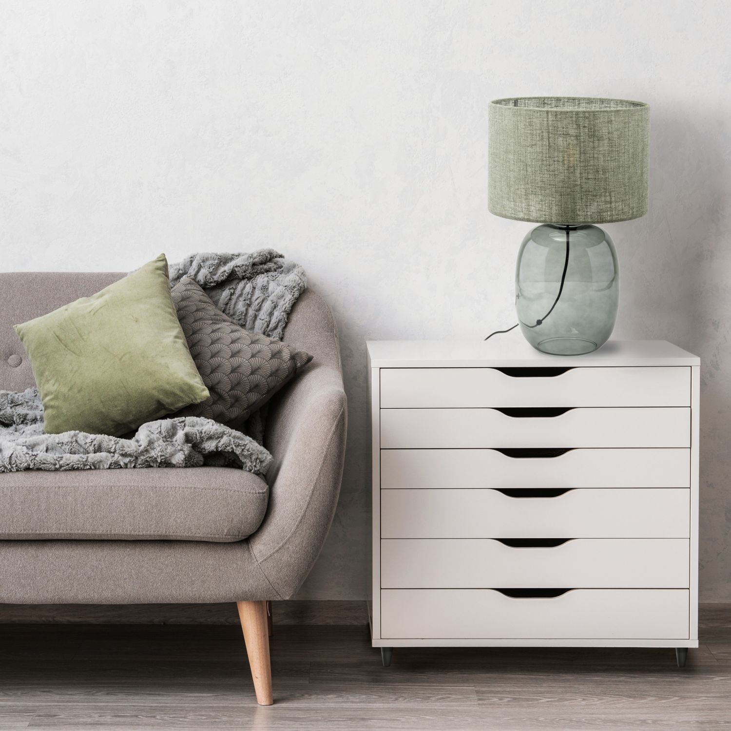 Tischleuchte Rauchglas Stoff E27 H: 48 cm Ø 30 cm Grau Grün Moebel, Kommode, Lampe