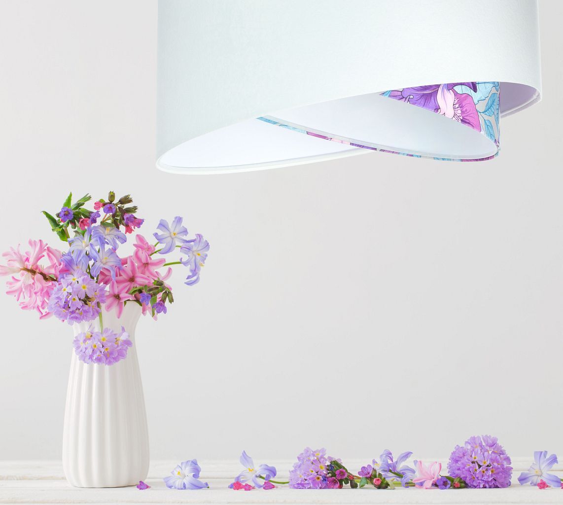 Pendelleuchte Weiß Lila Blumen Print E27 rund Ø 50 cm Stoff Lampe, Blume, Pflanze, Blumen-Arrangement