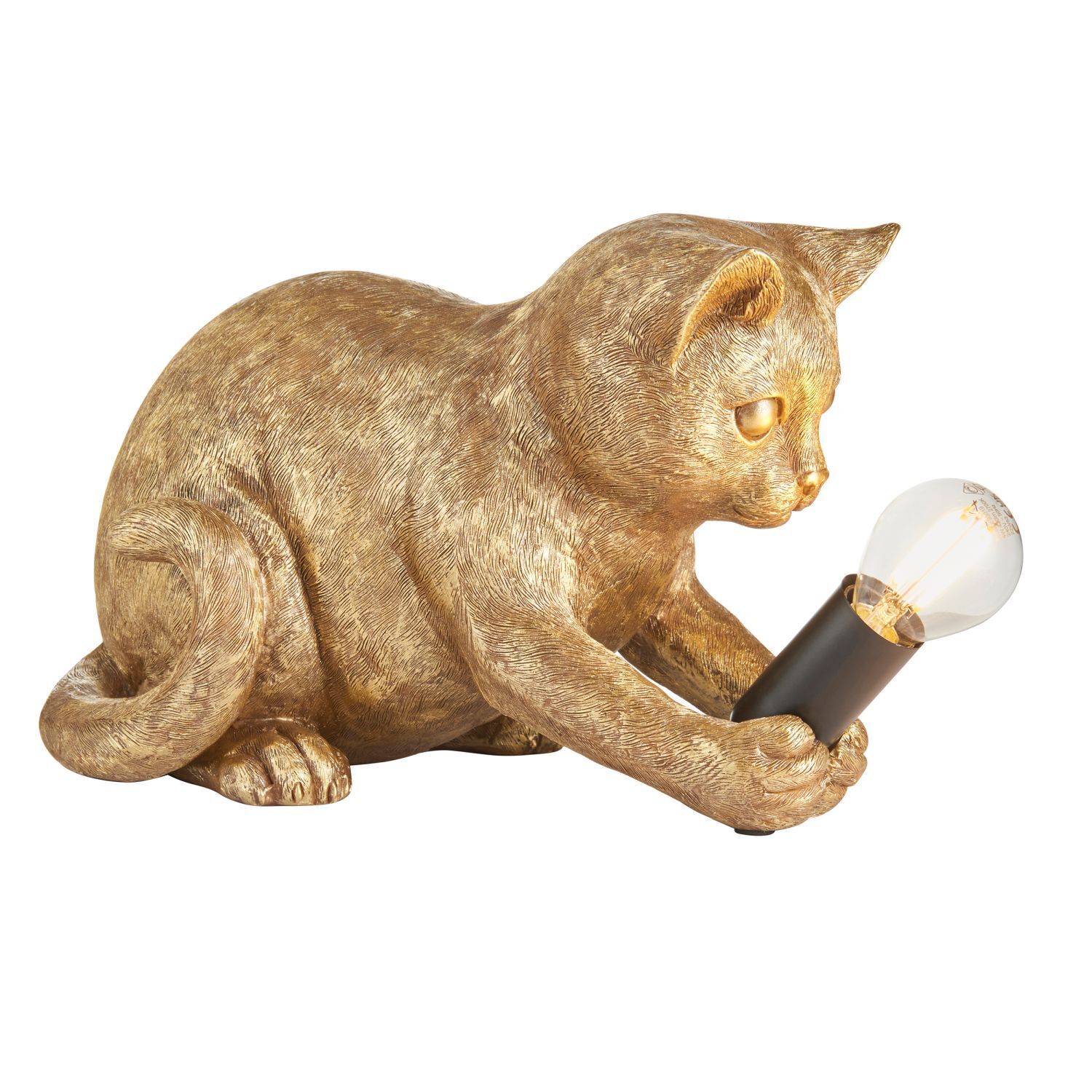 Tischleuchte klein Katze Polyresin Metall in Gold antik E27