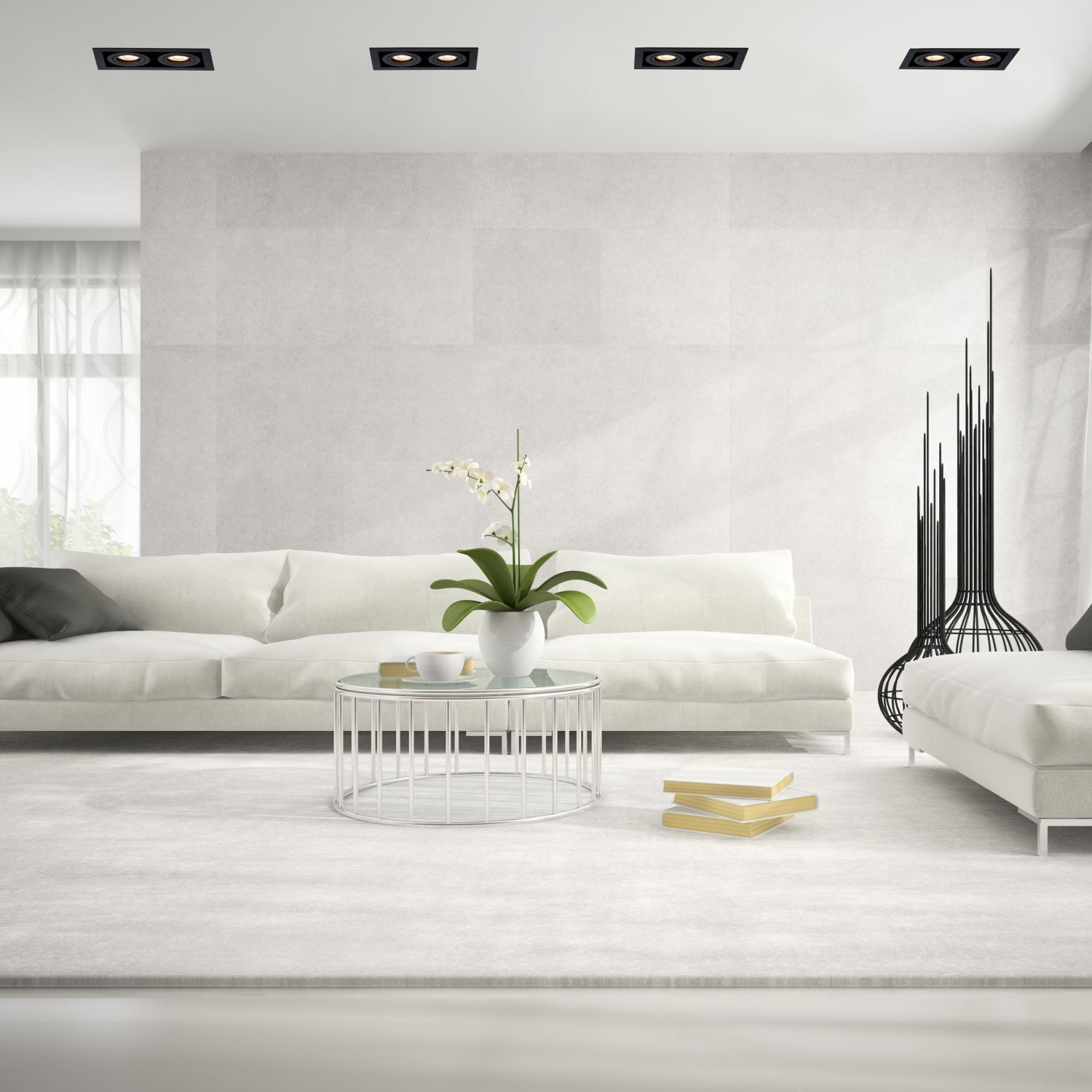 Wohnzimmer, Sofa, Couchtisch, Blumenpflanze, Moderne Vasen