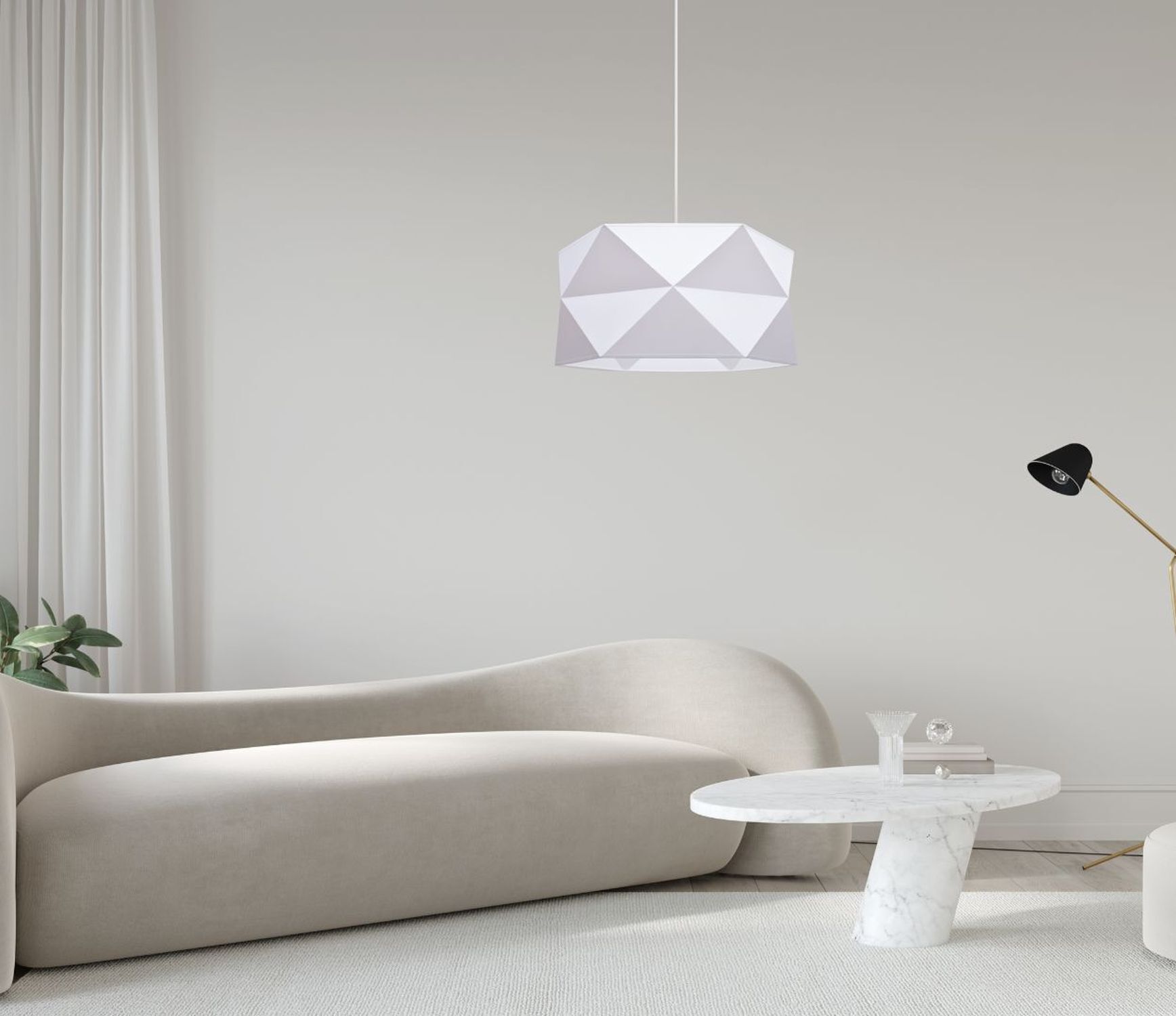 Moderne Pendelleuchte Stoff blendarm E27 L:70 Weiß pendant light, geometric lampshade, weisses lampen, wohnzimmer, minimal dekoration