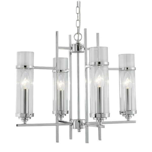 Kronleuchter Glas Chandelier, Hängelampe, Chromstahl, Glaszylinder, Vier- bis Fünf-Lampig