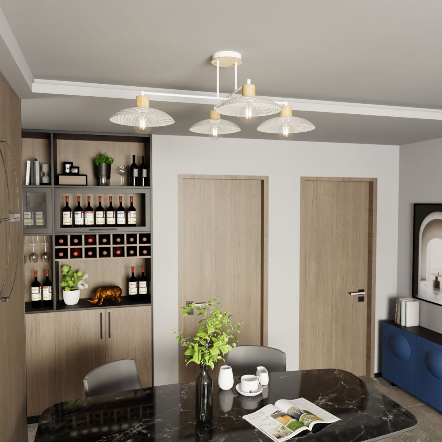 Deckenleuchte Weiß Holzoptik 100 cm groß Metall E27 4-flammig Drinnen, Innenarchitektur, Mobiliar, Wohnzimmer, Zimmer