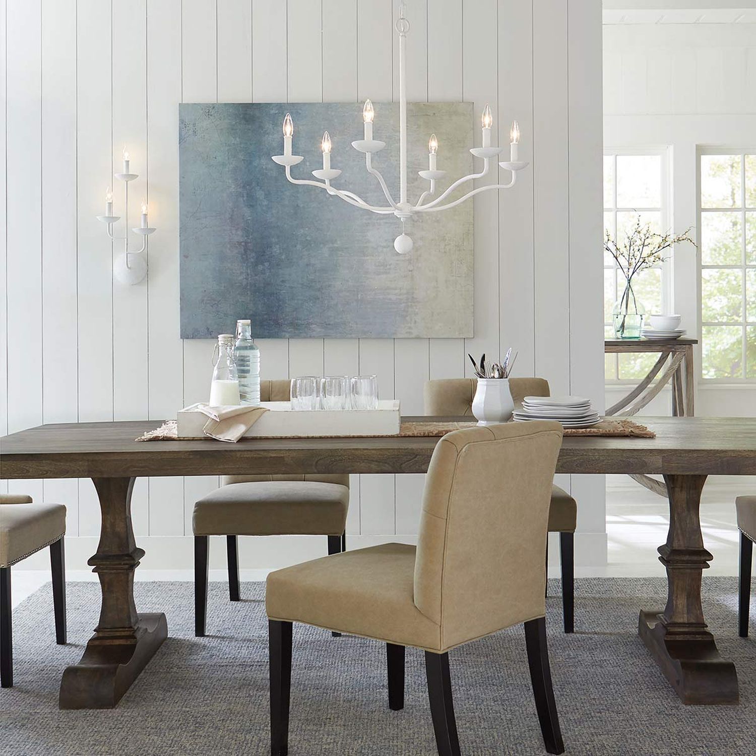 Kronleuchter Weiß Metall E14 B: 82,9 cm groß Landhausstil Speisesaal, Esstisch, Mobiliar, Tabelle, Kronleuchter