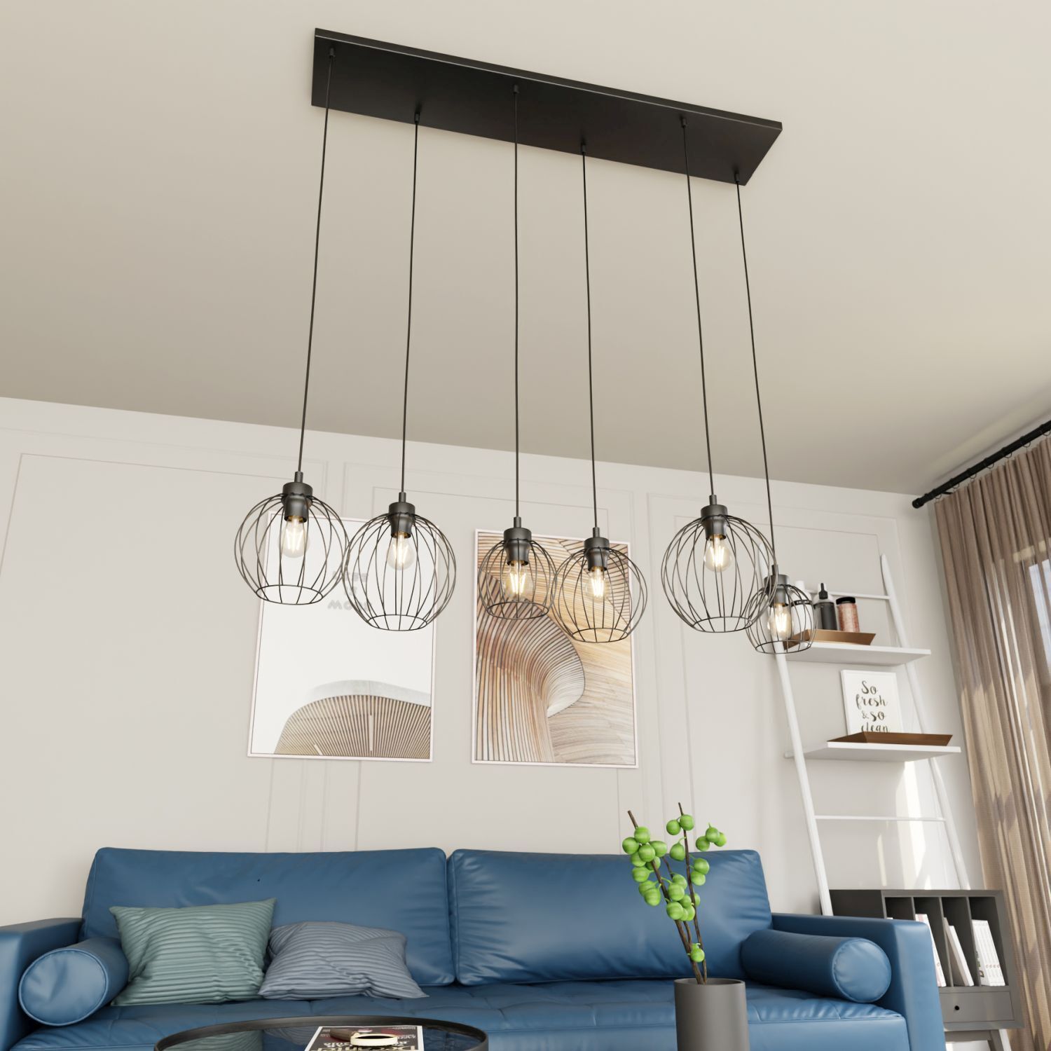 Schwarze Pendelleuchte E27 Metall 6-flammig L:125 cm