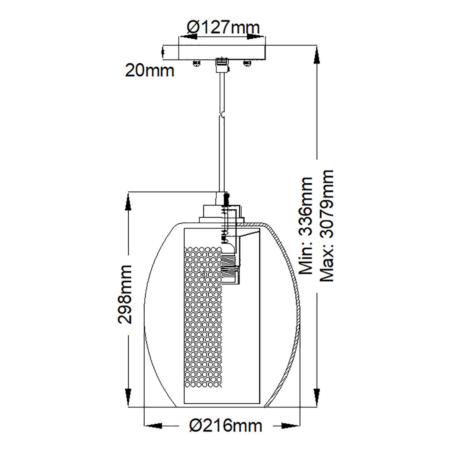 Hängelampe Glas Metall Ø 21,6 cm H: max. 307,9 cm rund