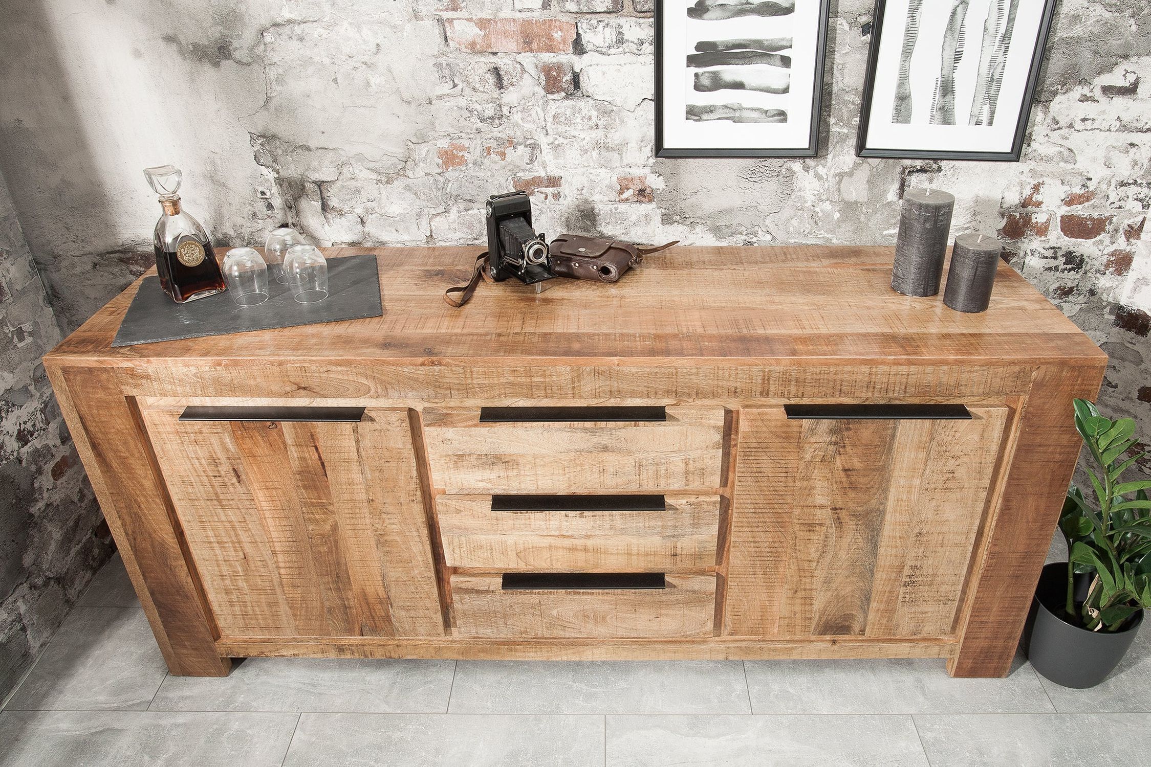 Sideboard Mangoholz 174 x 76 cm Handarbeit Schubladen Türen Anrichte, Holz, Hartholz, Gebeiztes Holz, Tabelle