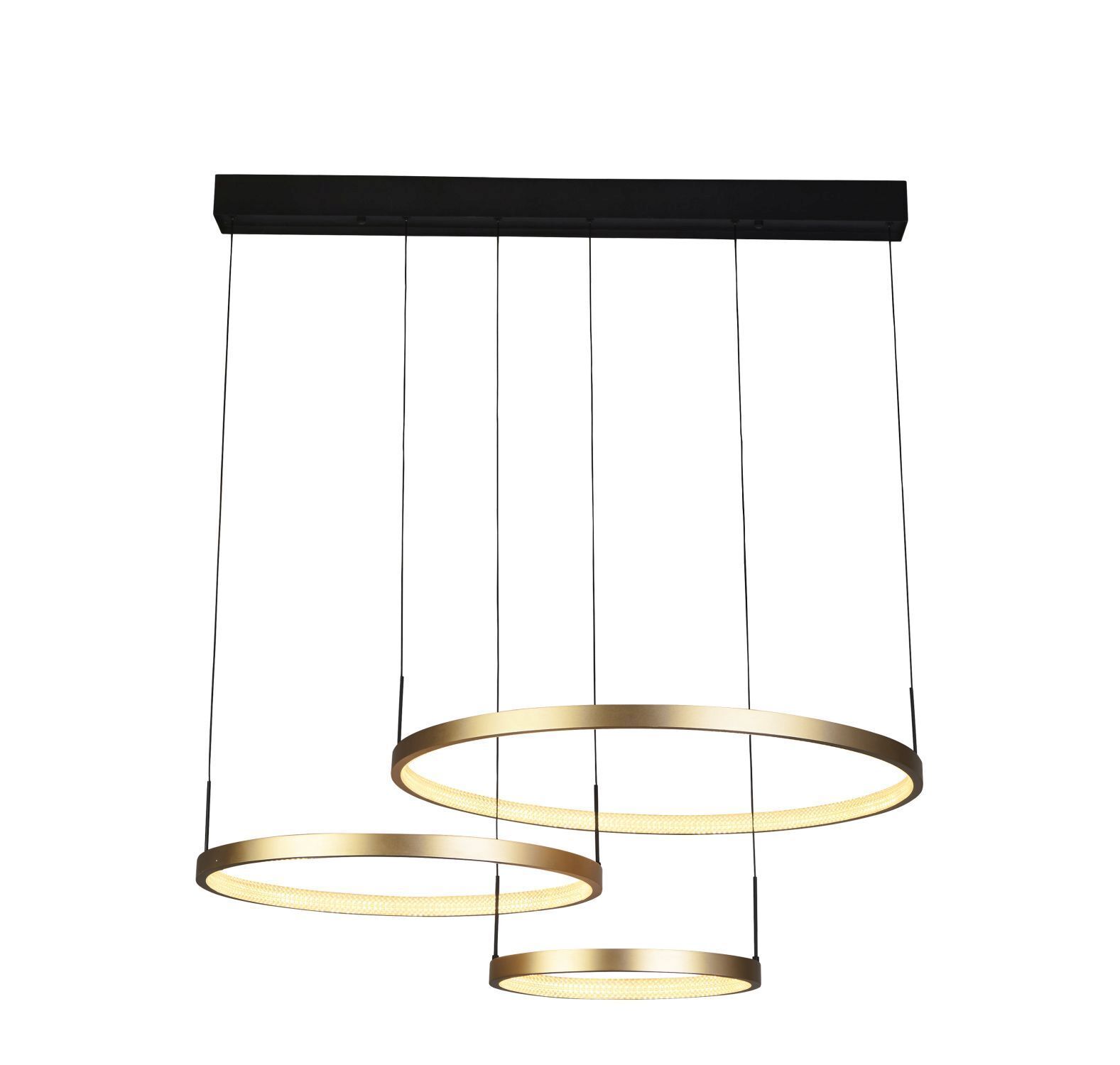 Lange LED Pendelleuchte in Schwarz Gold Ringe 112 cm