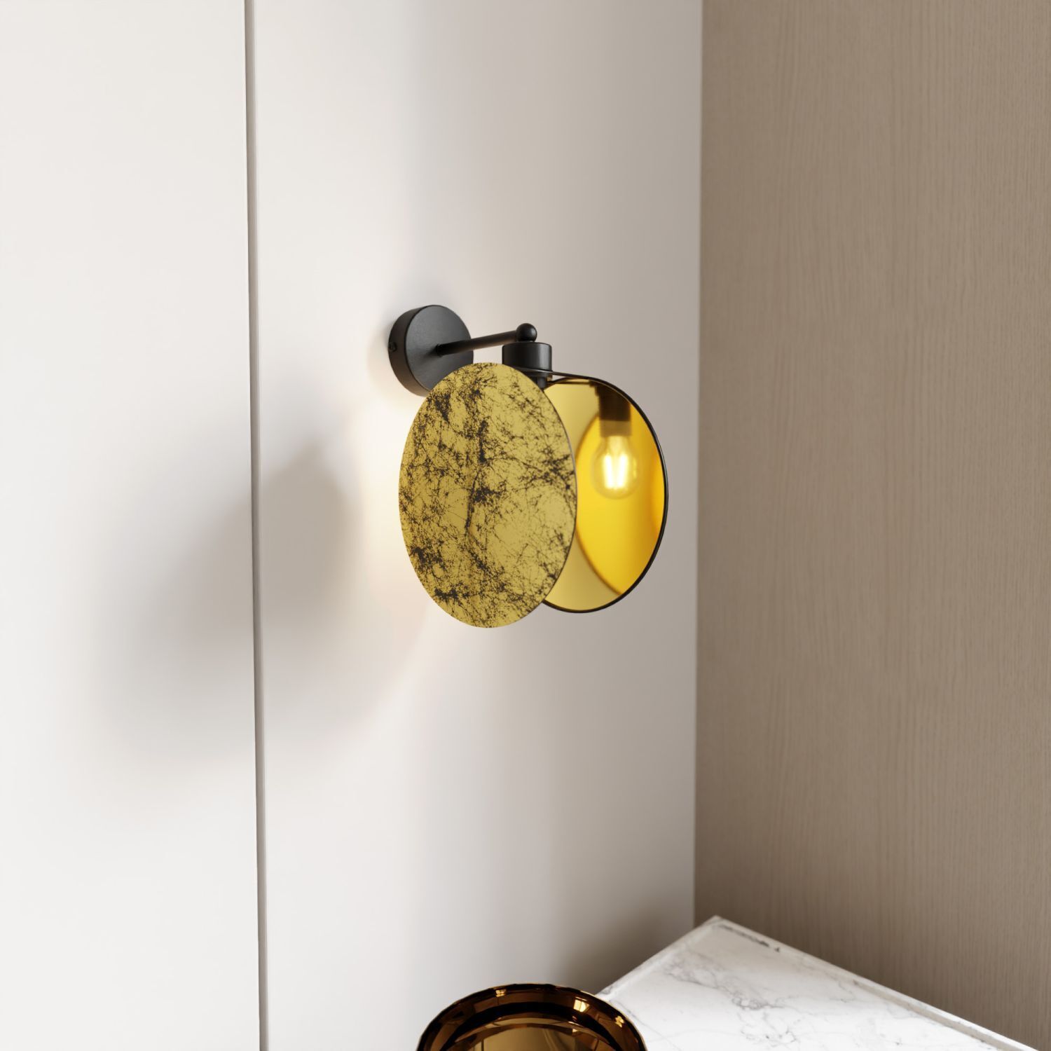 Wandlampe Stoff Metall Ø 20 cm Steinoptik Schwarz Gold E27
