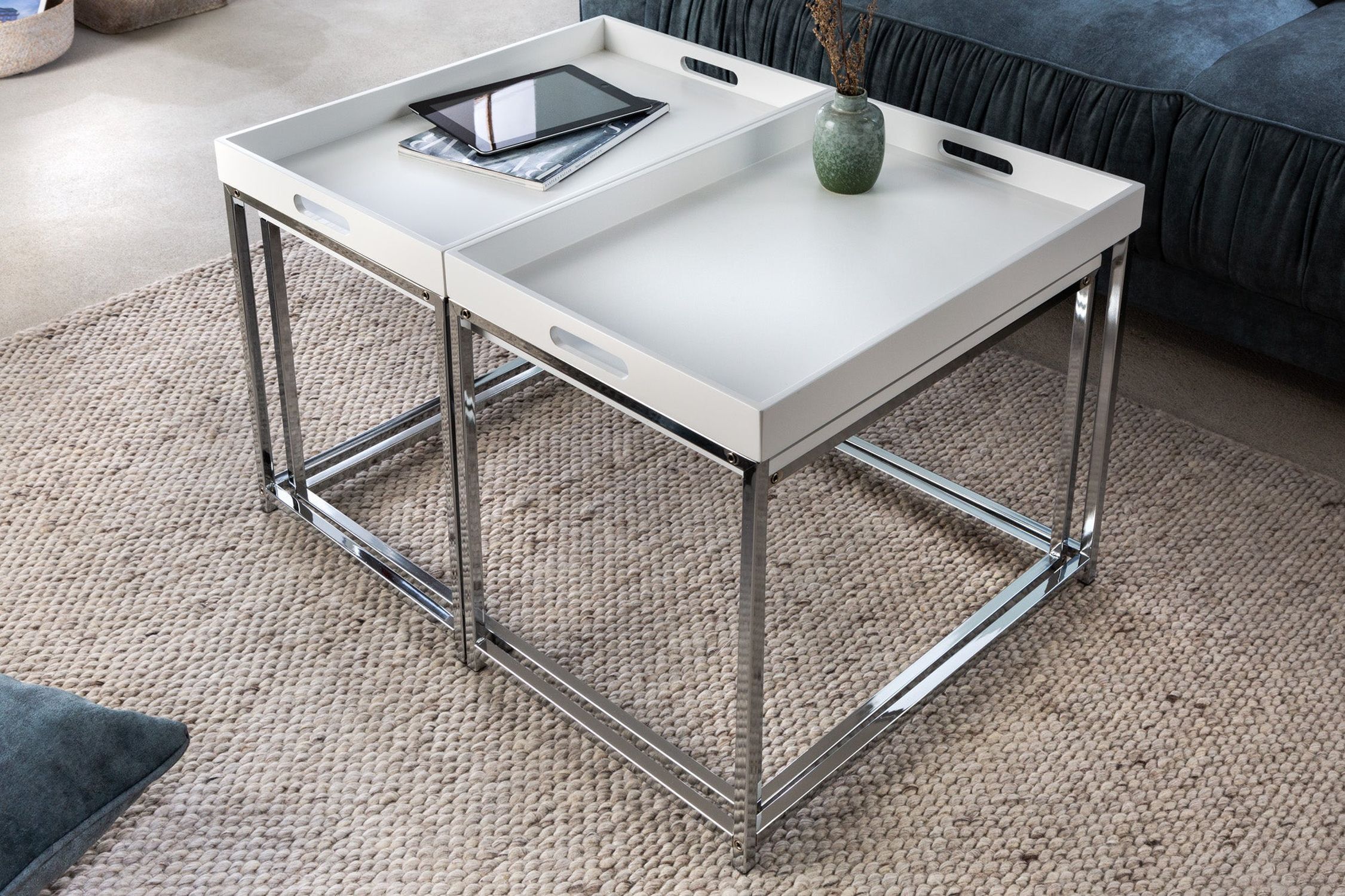 Couchtisch 2er Set MDF Metall in Weiß Chrom mit Tabletts Couchtisch 2er Set MDF Metall in Weiß Chrom mit Tabletts