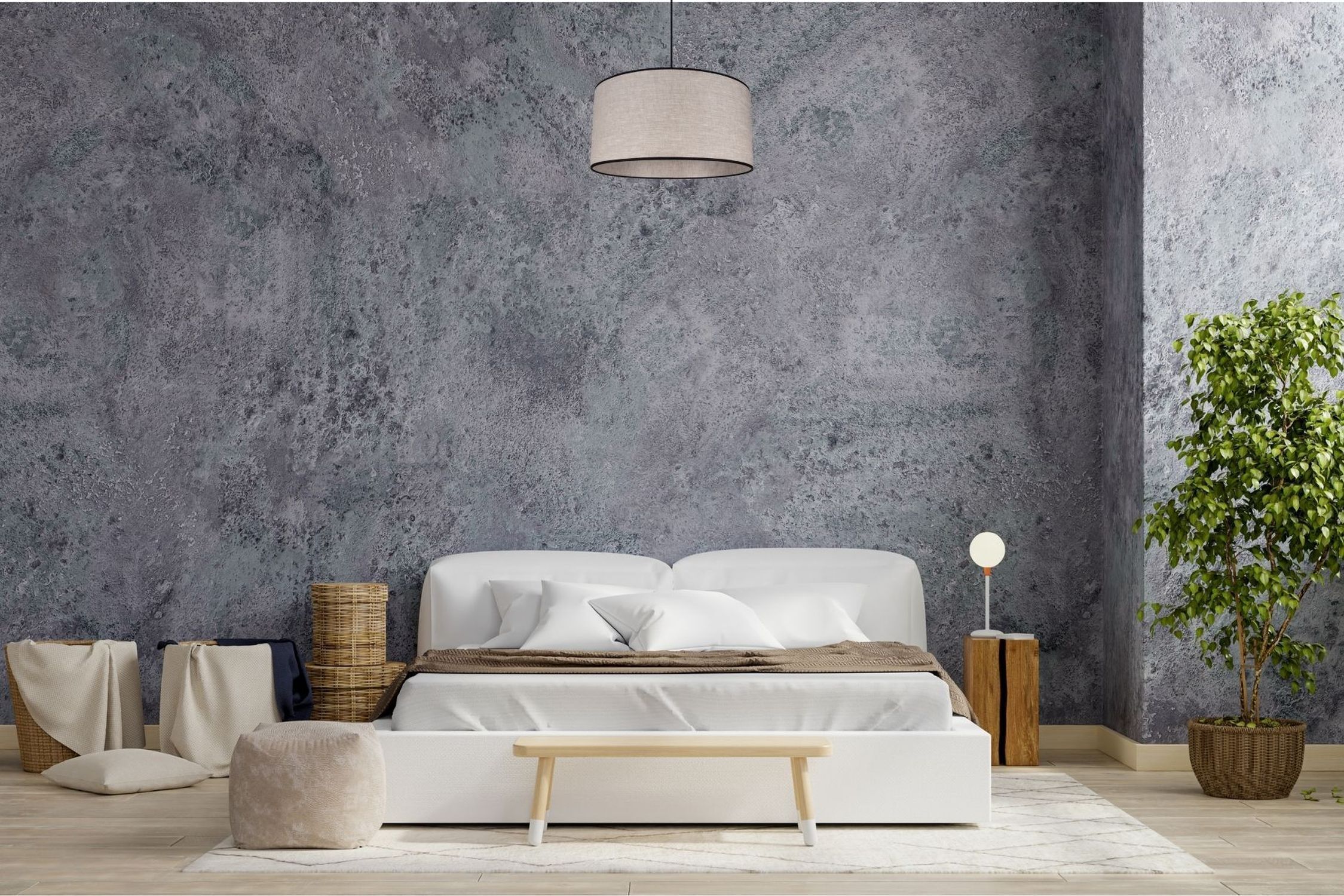 bett, bettenraum, wand-dekor, pflanze, lampe