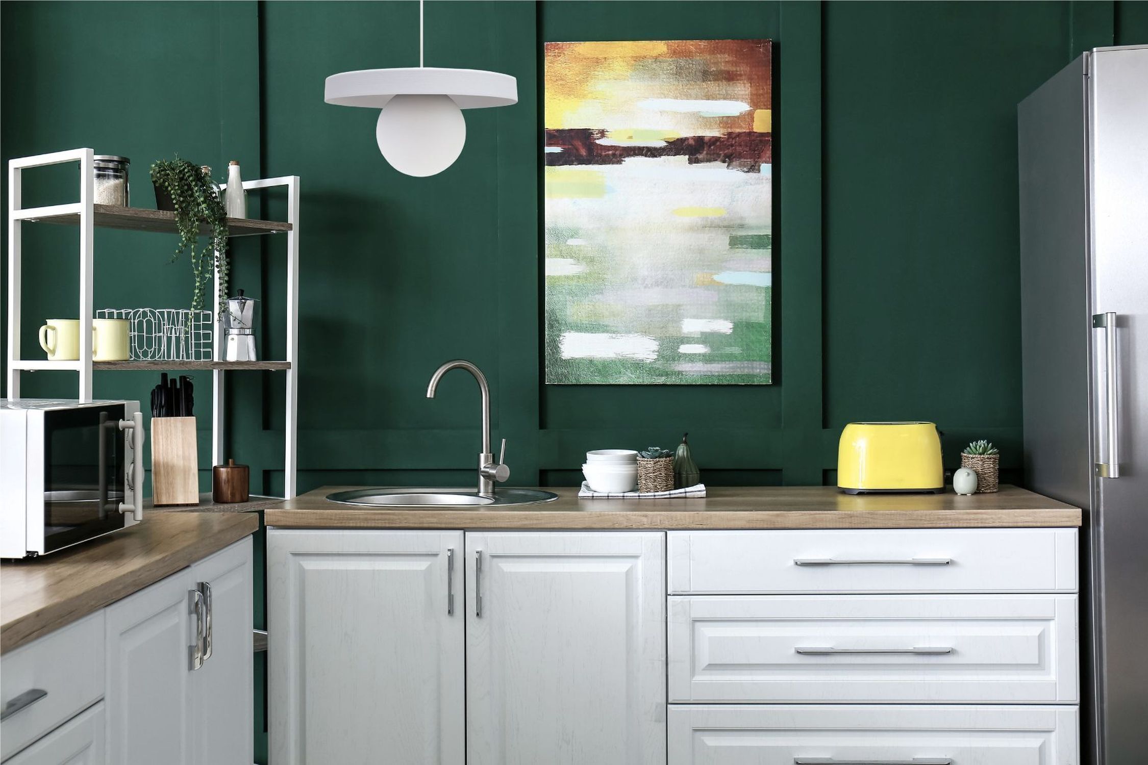 küche, Küchenarbeitsplatte, grüne Wand, Bild, gelber Toaster