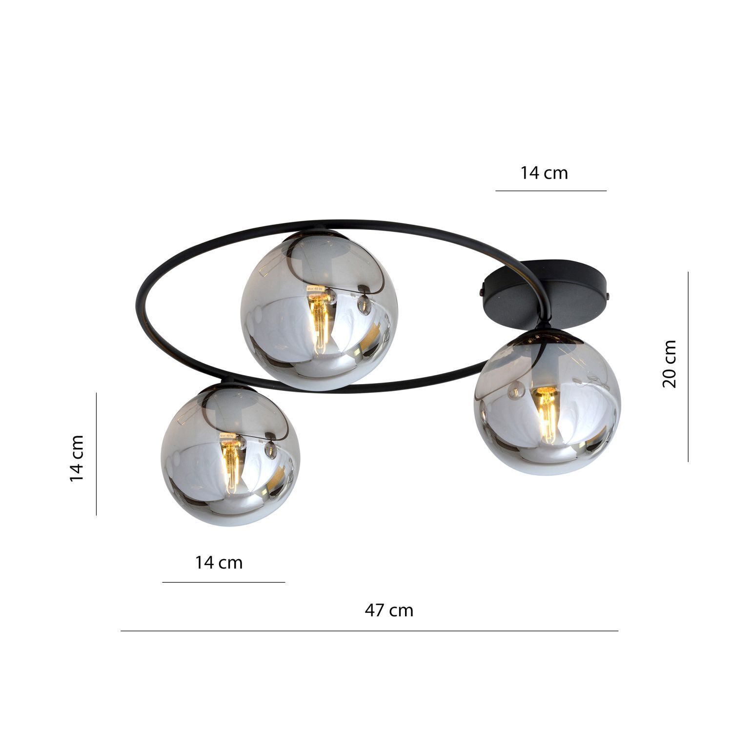 Deckenlampe Rauchglas Metall 3-flammig rund Ø 47 cm