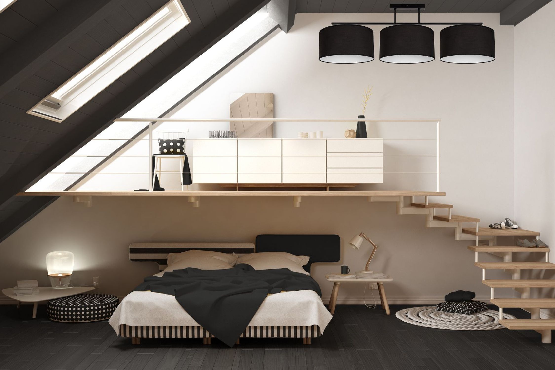 Blendarme Deckenlampe Stoff Schwarz Weiß E27 3-flammig Haus, Wohnen, Drinnen, Dachboden, Bett