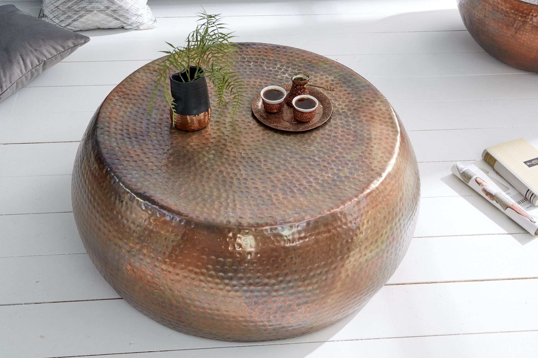 Couchtisch rund Ø 80 cm Metall in Kupfer Handarbeit Moebel, Tabelle, Pflanze, Kaffeetisch, Tasse