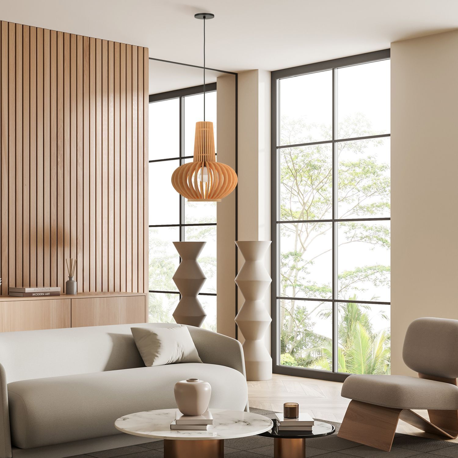 Wohnzimmer, Wohnstil, Deckenlampe, Holzverkleidung, große Fenster