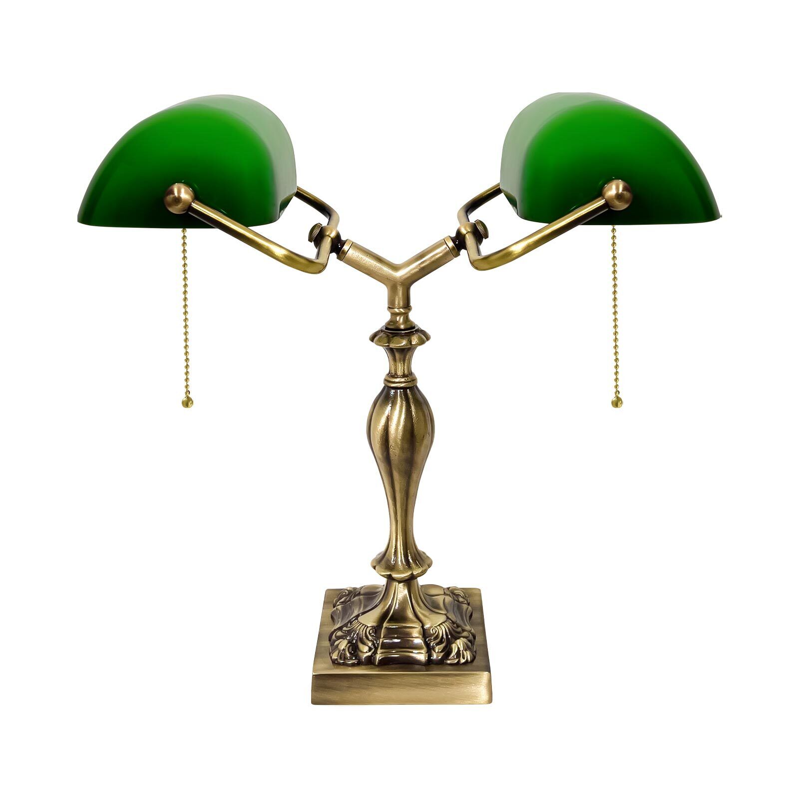 Bankerlampe 42,5 cm 2-flammig E27 Echt-Messing Zugschalter