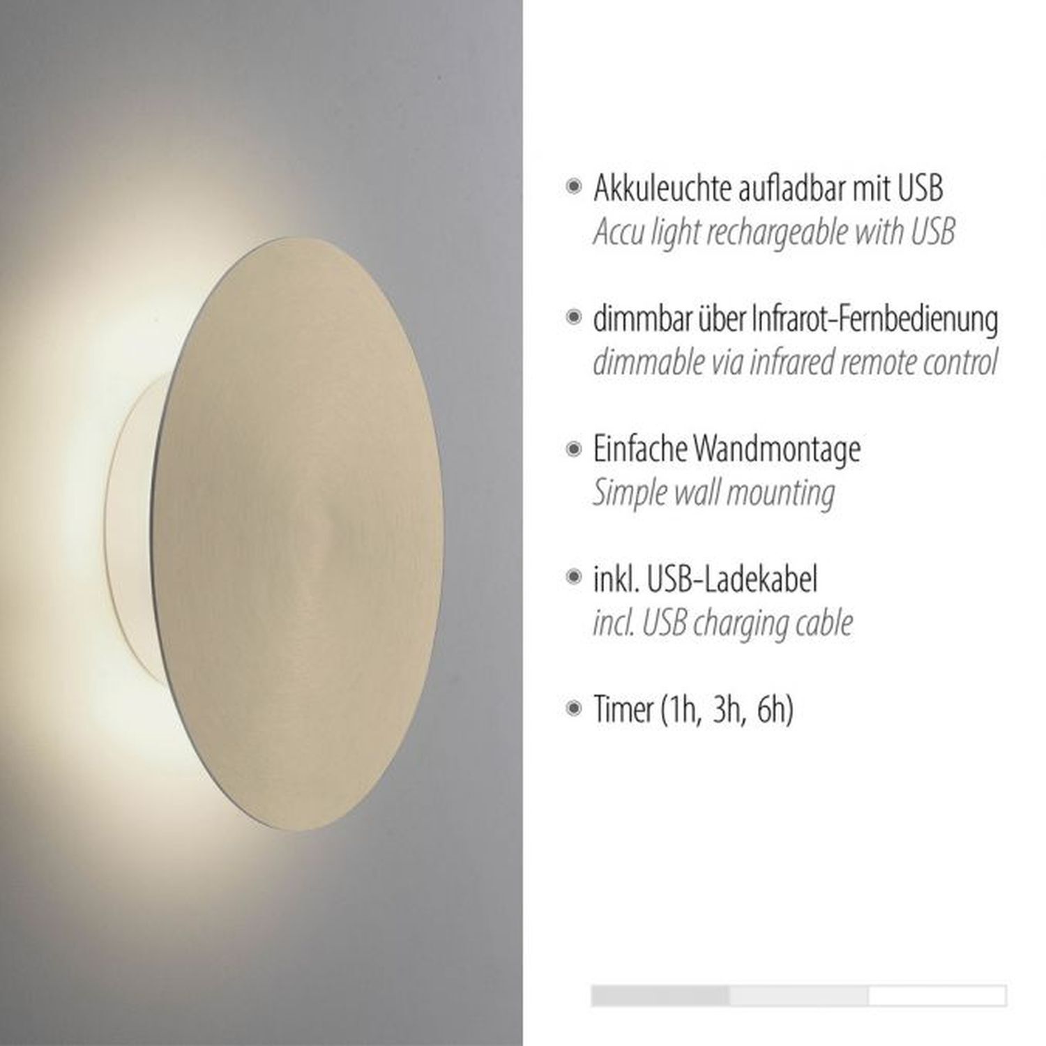 LED Akku Wandlampe in Messing dimmbar mit Fernbedienung Deckenleuchte