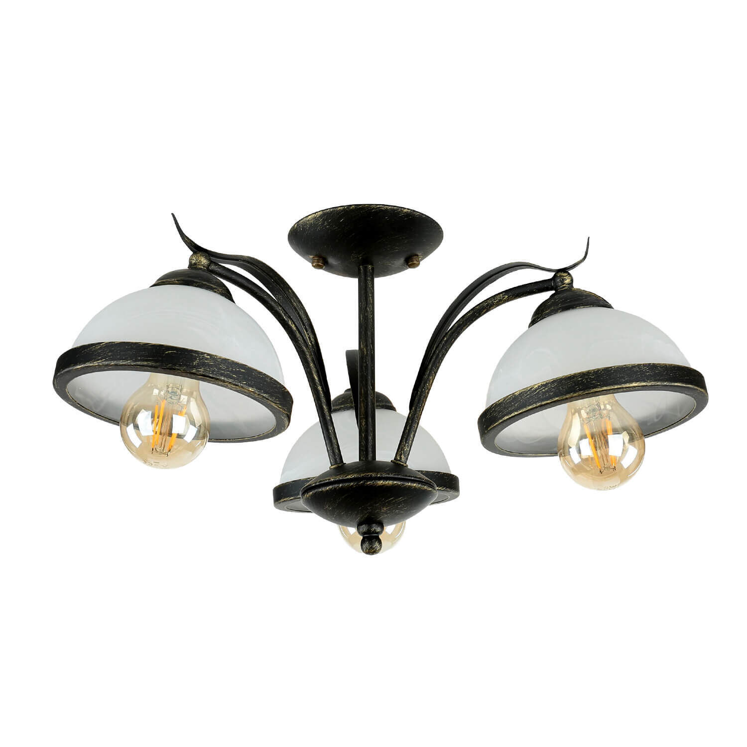 Kronleuchter, Deckenlampe, Dreilicht, Schwarze Oberfläche, Glas-Schirme