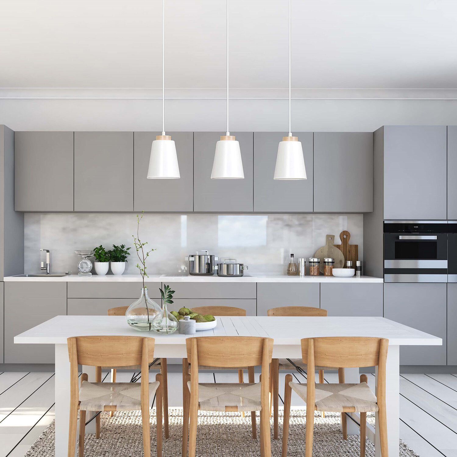 Weiße Pendelleuchte Nordic Design ROGER Speisesaal, Esstisch, Tisch, Innenarchitektur, Küche