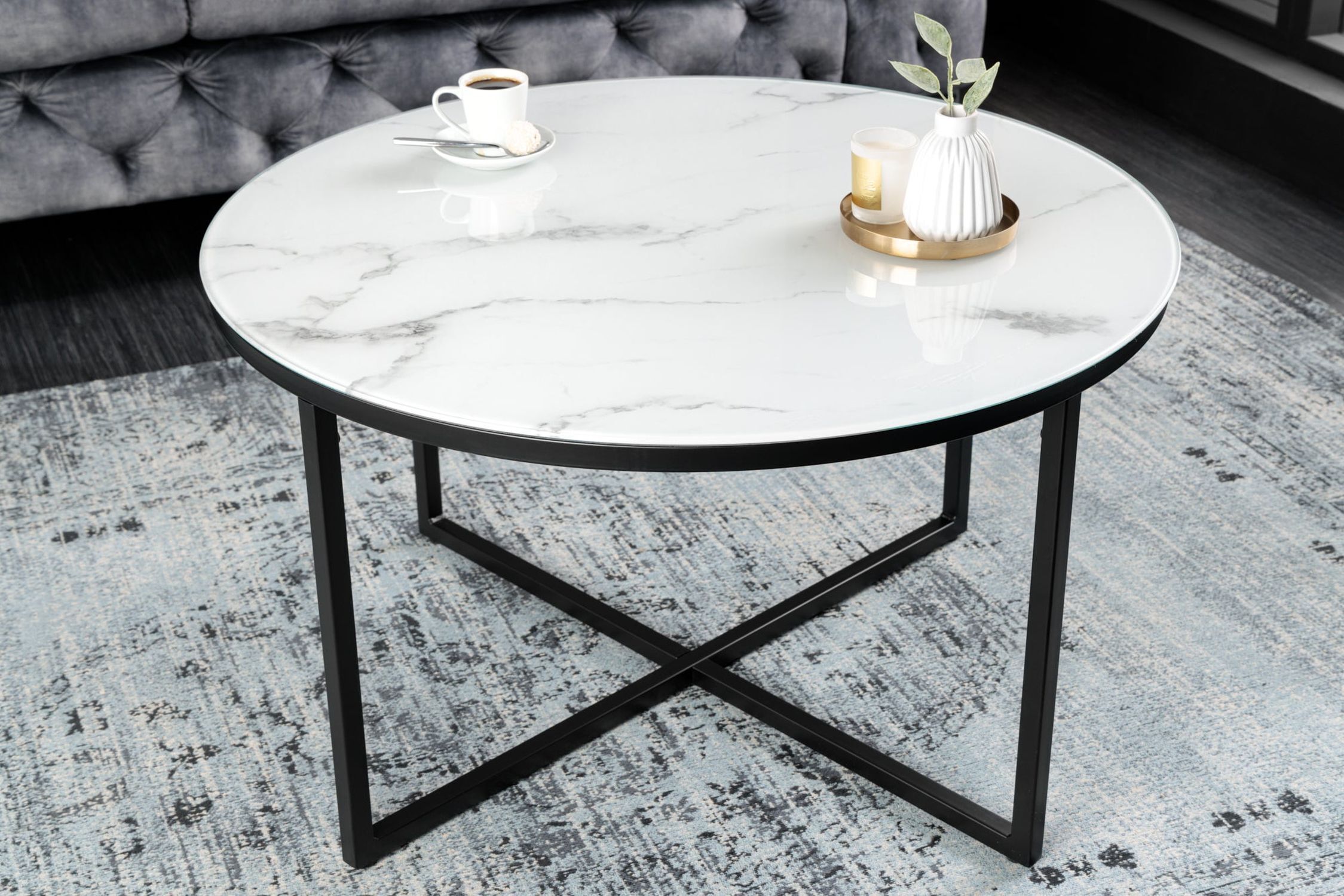 Couchtisch Hartglas Metall in Weiß Schwarz 80x80 cm