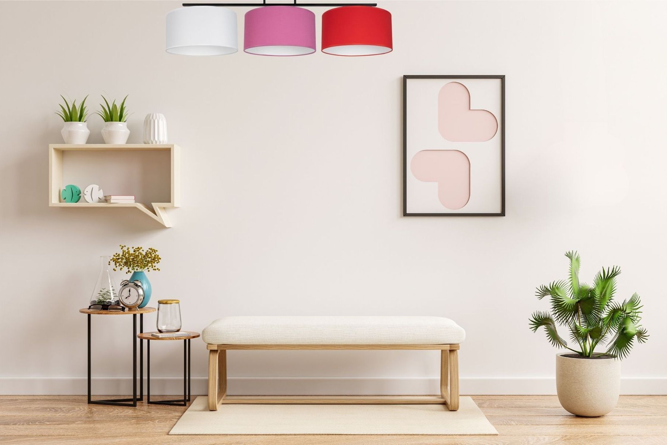 stuhlbank, bodenbank, wohnzimmerdeko, pflanzentopf, rahmenbild