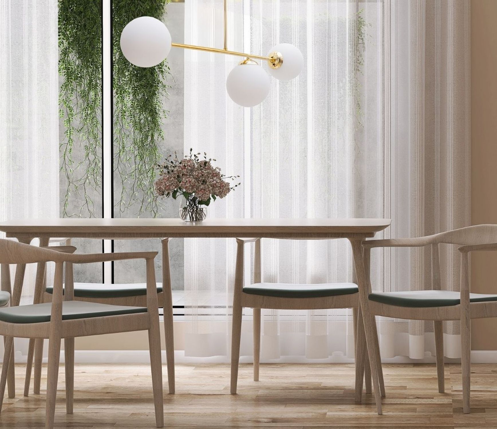 Esstisch, Holztisch, Gedeckter Tisch, Stühle, Blumenstrauß