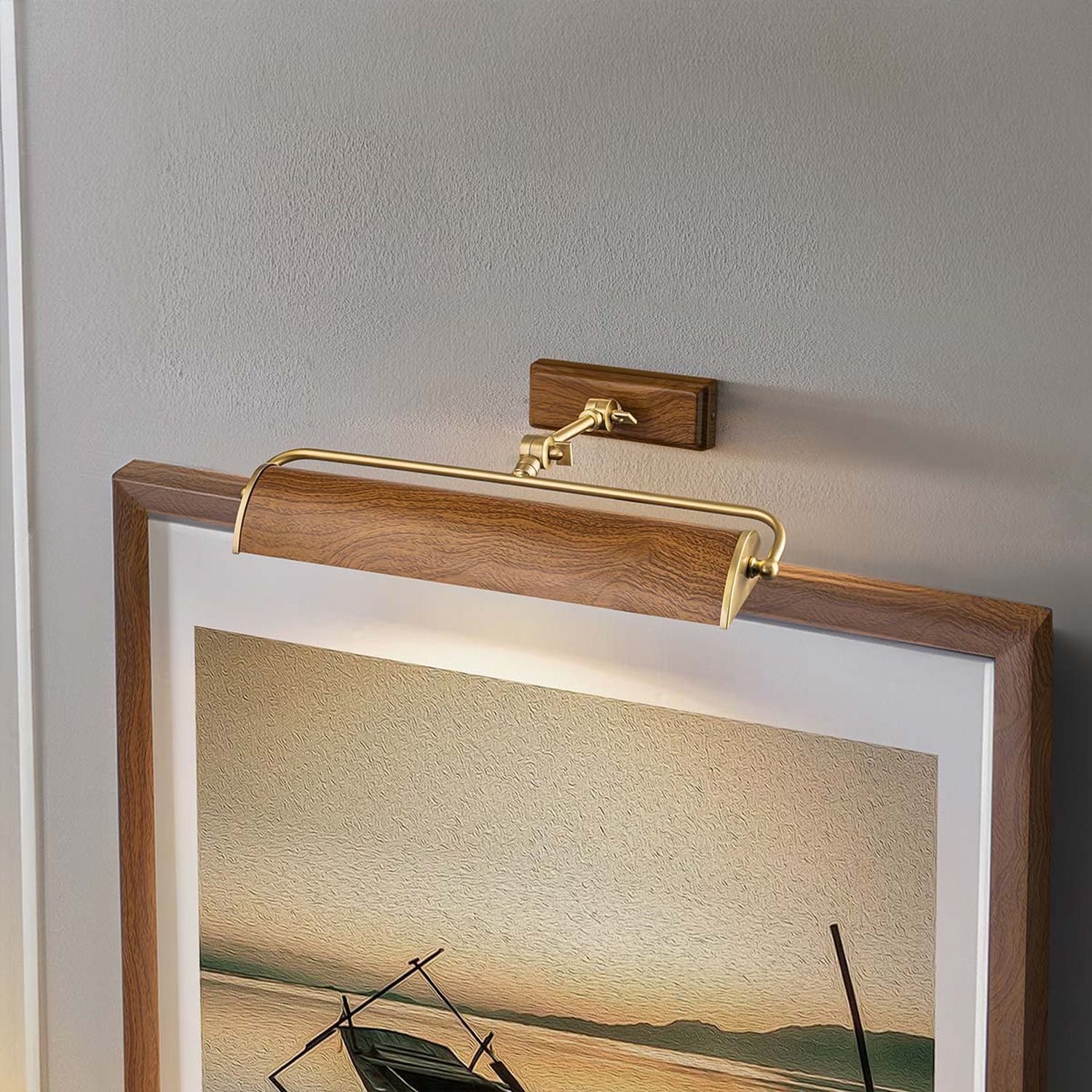 Bilderlampe Metall in Eiche Messing Antik B: 44,5 cm Vintage Fotorahmen