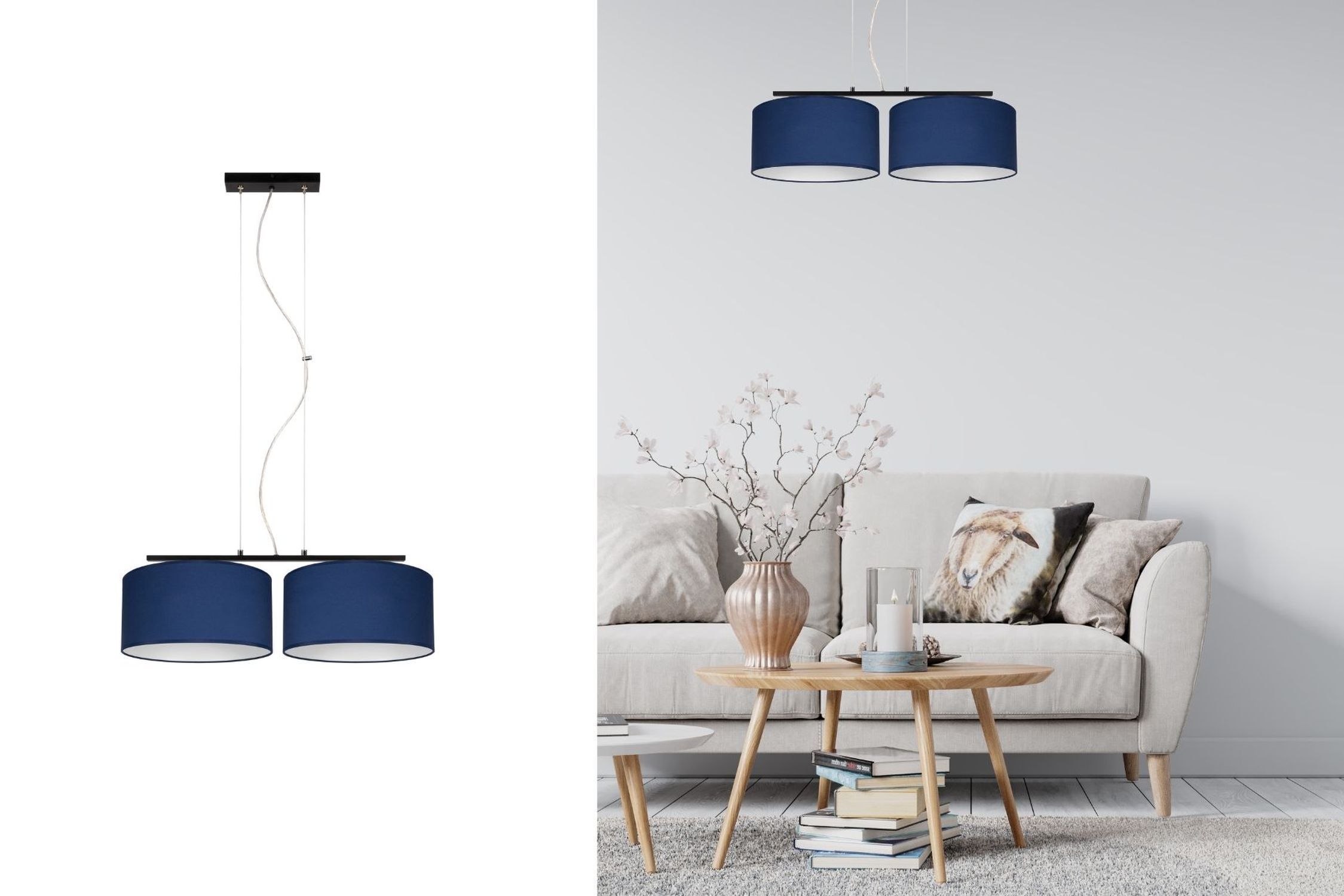 Hängeleuchte, Deckenlampe, Dunkelblau, Zwei-Schirm-Design, Kabelaufhängung