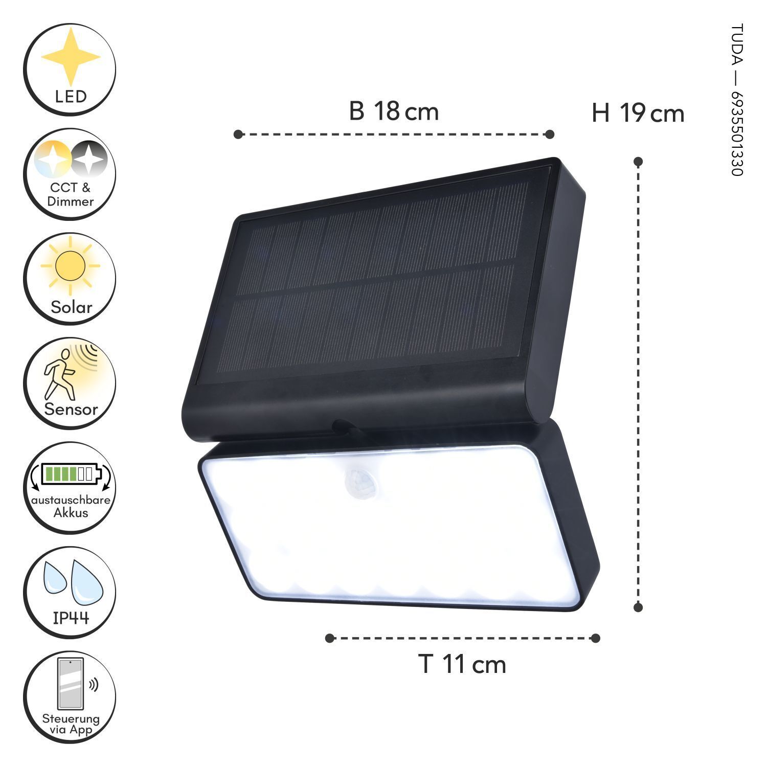 LED Solar Wandlampe Bewegungsmelder dimmbar 8 W IP44