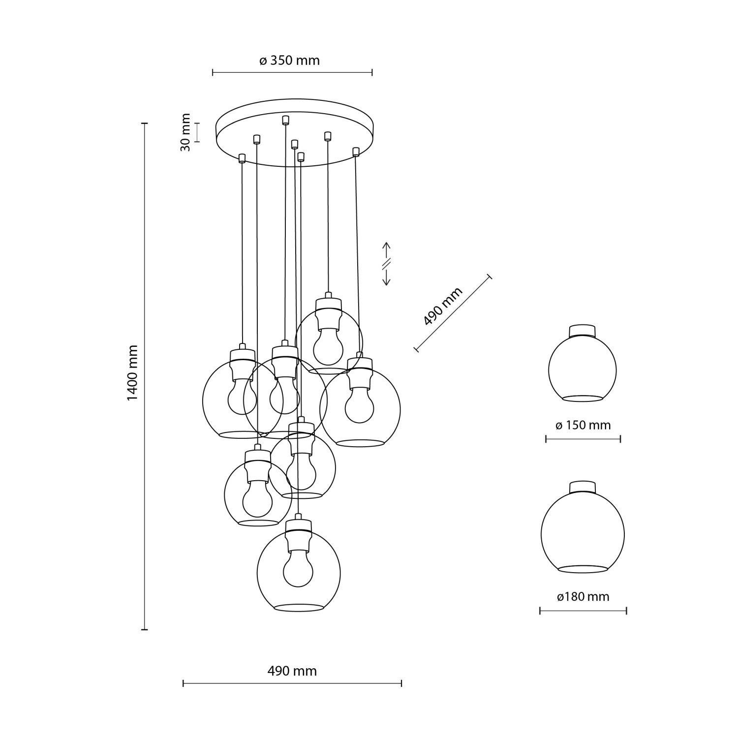 Hängeleuchte Rauchglas 7x E27 verstellbar Kugelschirme Leuchter, Lampe, Maschine, Sprach