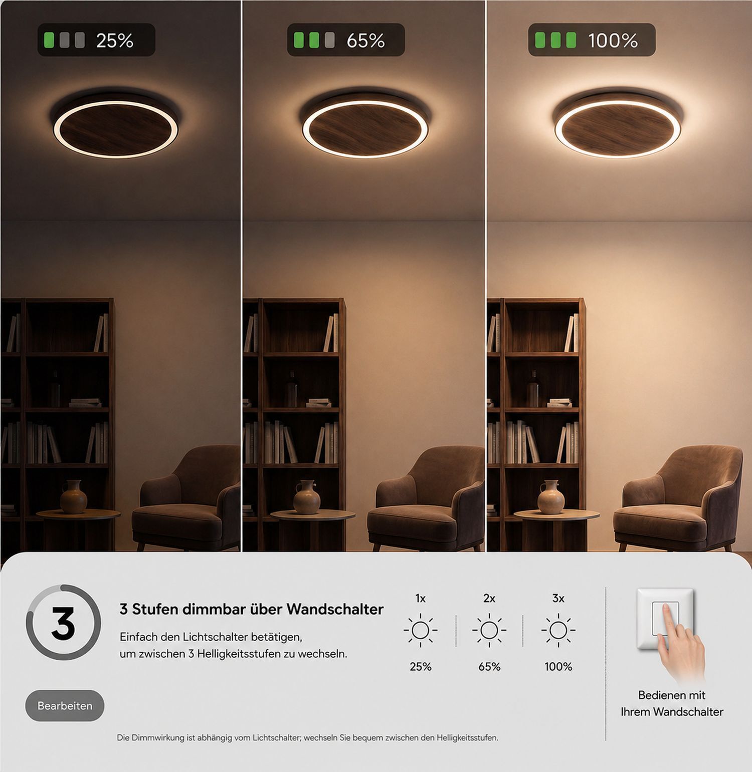 deckenlampe, runder lichtring, wandlampe, holzregal, wohnzimmer