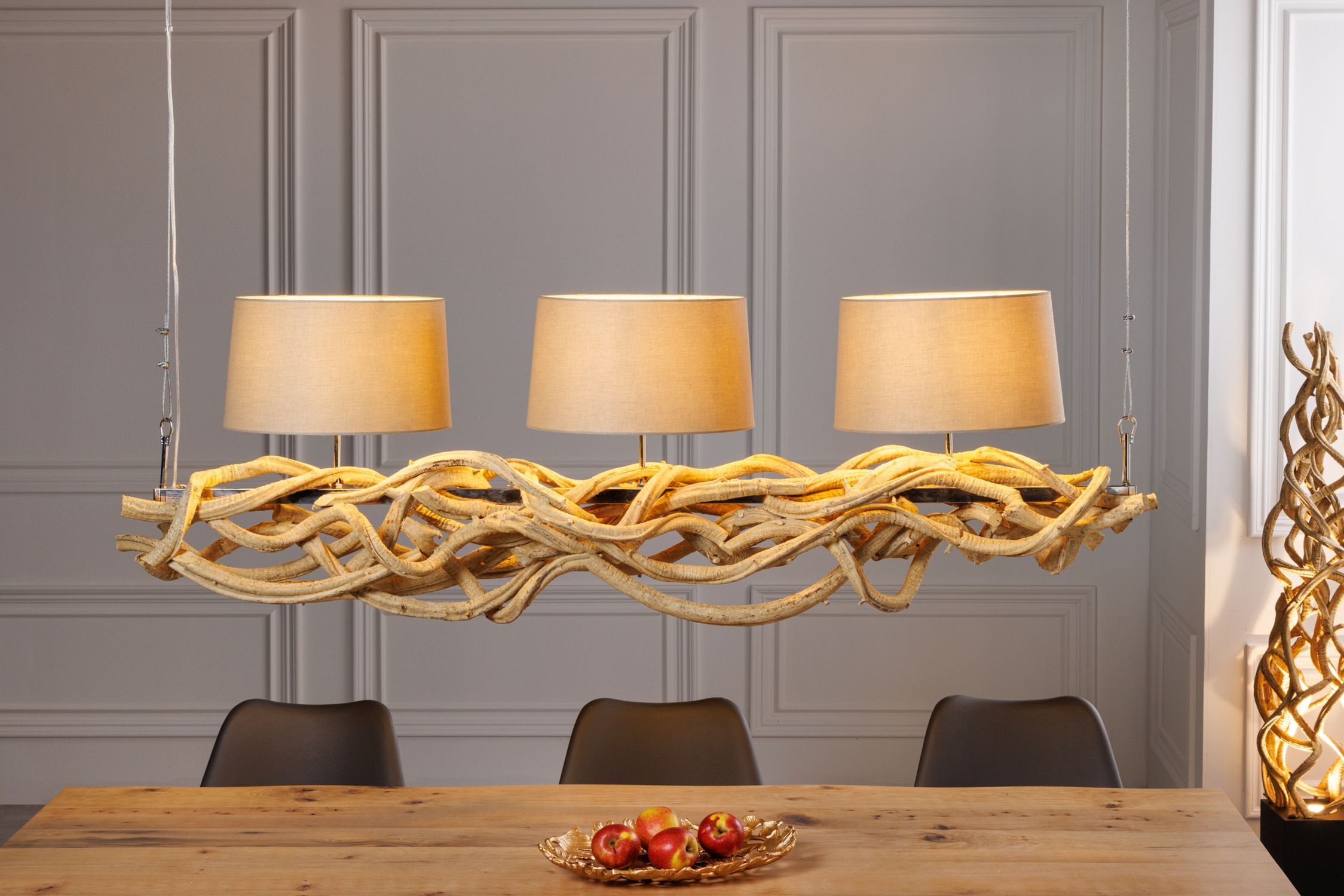 Blendarme Hängelampe 3-flammig Holz Leinen 165 cm lang