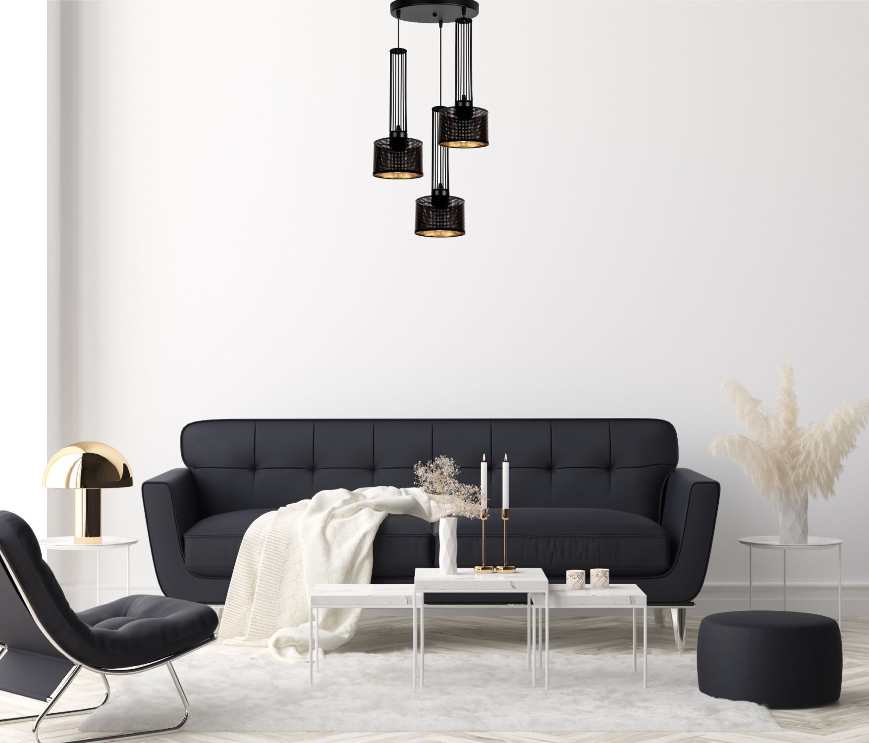 sofa, wohnzimmer, hängeleuchte, kissen, tisch