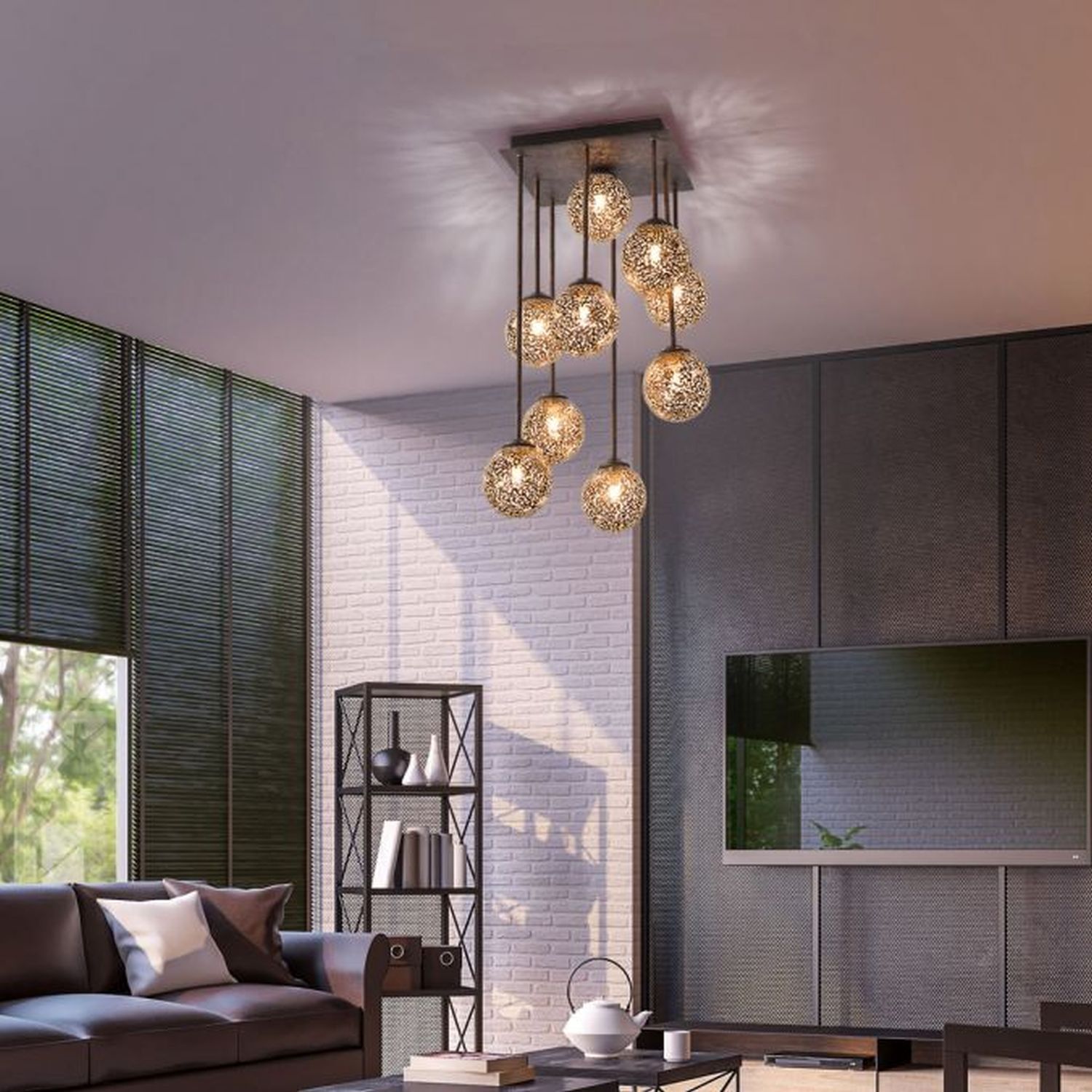 Rustikale Deckenlampe Metall G9 9-flammig Kugeln Gold Leuchter, Lampe, Innenarchitektur, Inneneinrichtung, Wohnzimmer