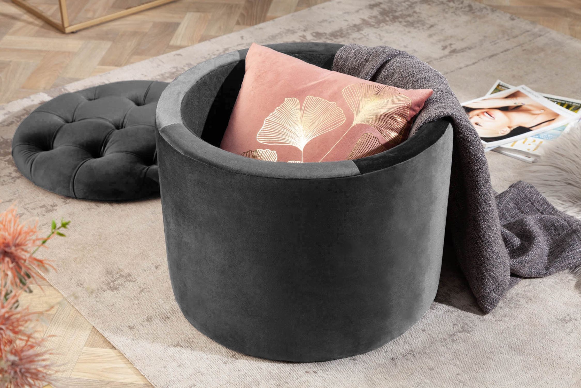 Sitzhocker Samt Metall mit Stauraum Ø 50 cm Dunkelgrau