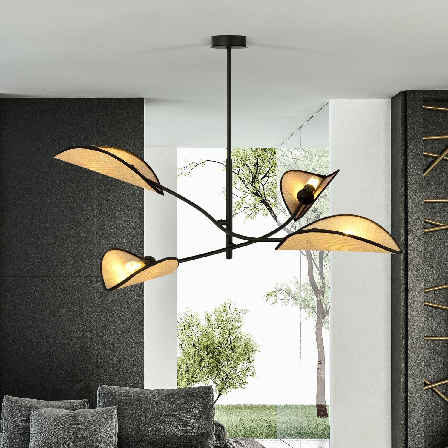 Deckenleuchte drehbar L: 102 cm Rattan Metall 4-flammig E14