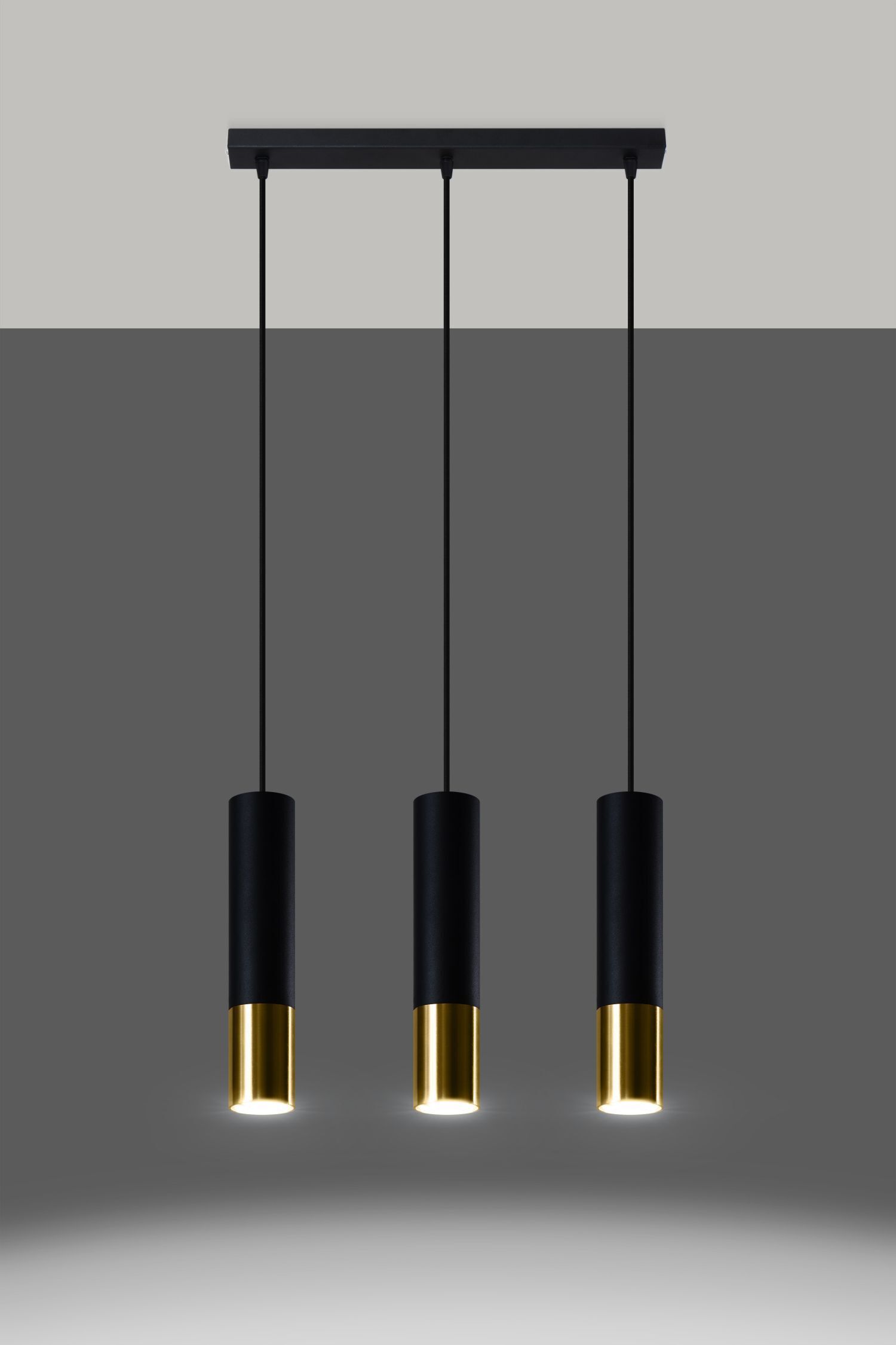 Hängelampe 3-flammig B: 45 cm Schwarz Gold länglich